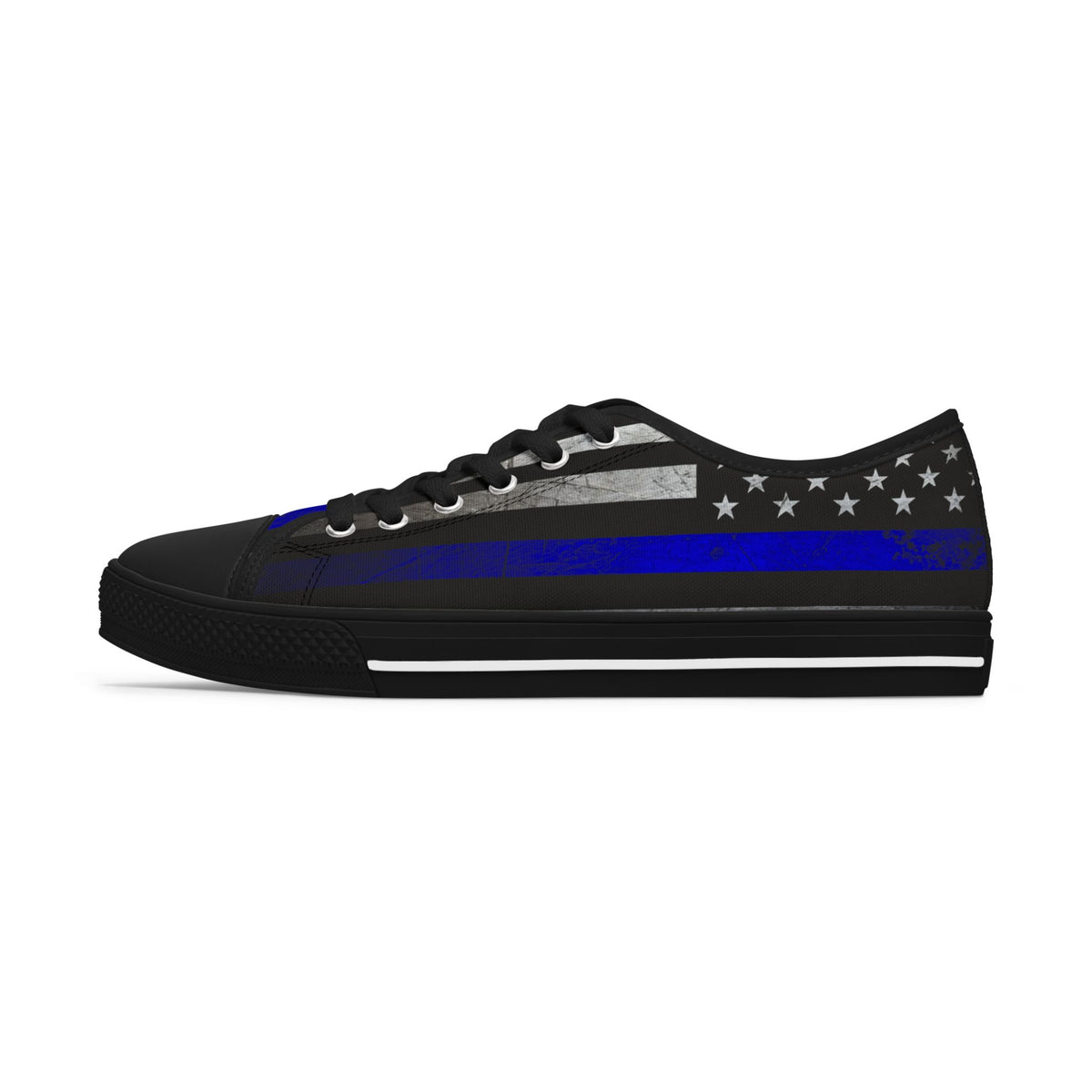Thin Blue Line American Flag Sneakers – Black & Blue Low Top Canvas Shoes for Women, Police Support, Patriotic Streetwear