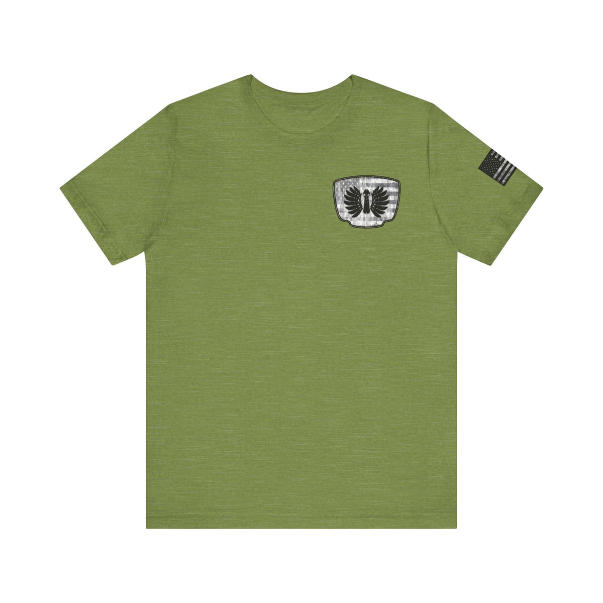 Duck Hunting American Flag Badge T-Shirt – Mossy Camo Print, Crossed Guns & Duck Skull Graphic