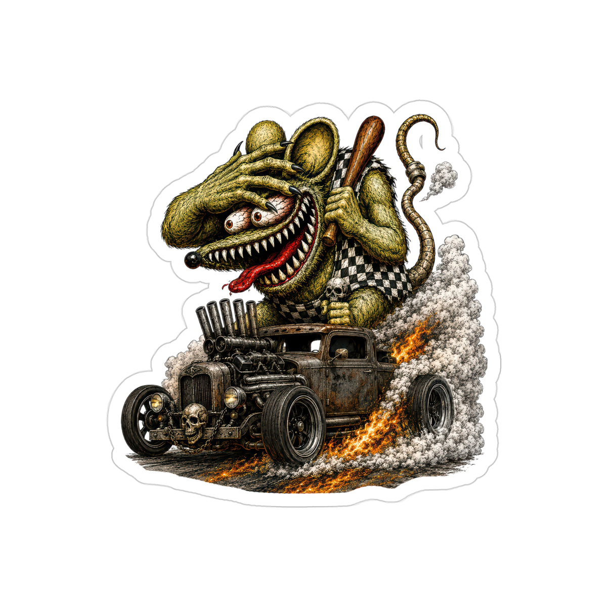Crazy Rat Rat Rod Sticker | Vintage Hot Rod Pickup Decal | Monster Custom Car Art | Transparent Vinyl Gearhead Sticker