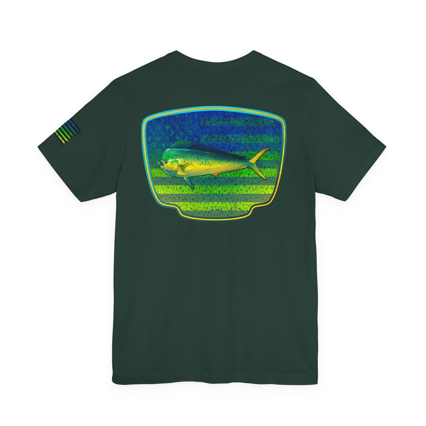 Patriotic Mahi Mahi Flag T-Shirt – Bold Saltwater Fishing Graphic Tee