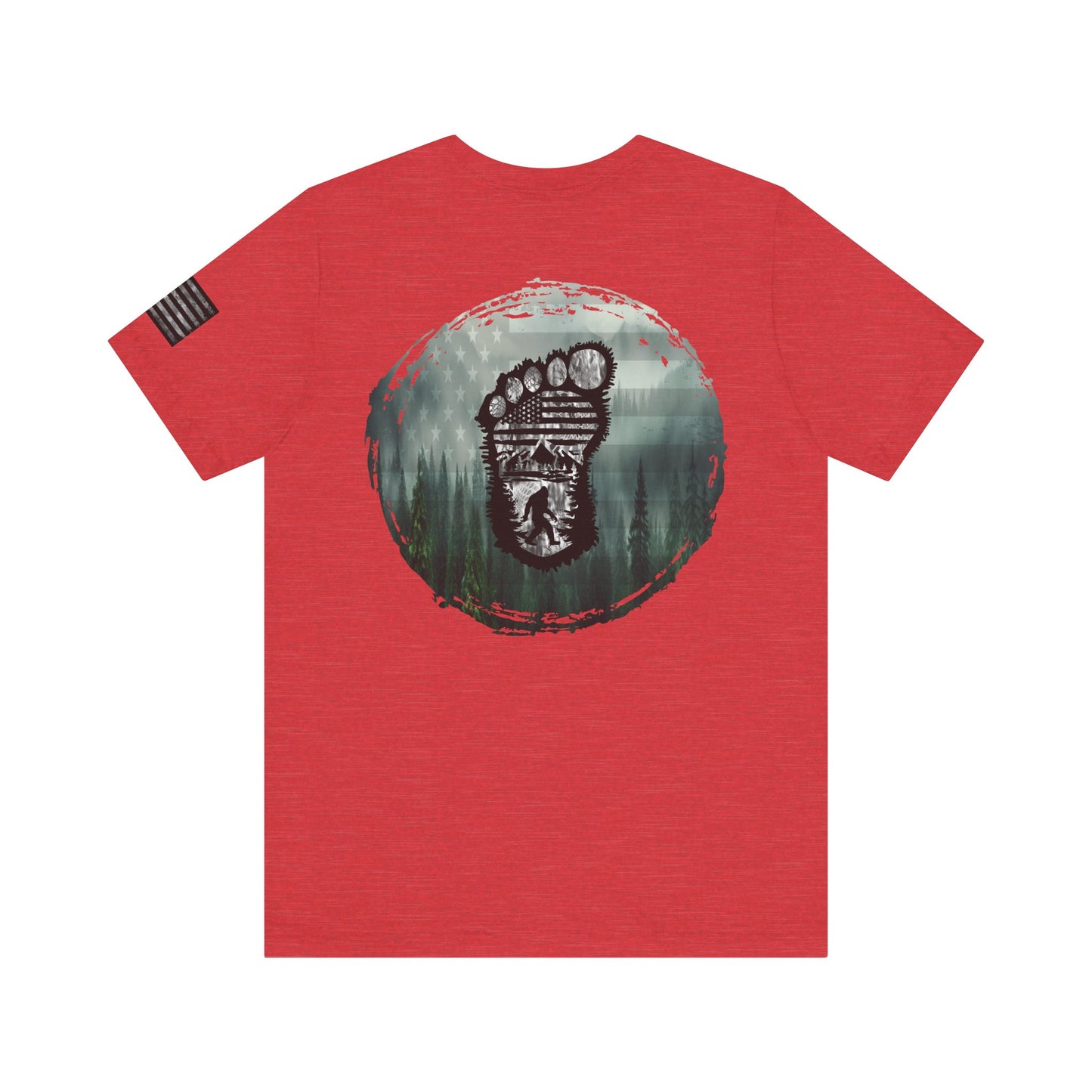 Bigfoot American Flag Camo Tee, Sasquatch Patriotic Shirt, Unisex Graphic Tee, Outdoor Adventure Top, Men's Women's Tee