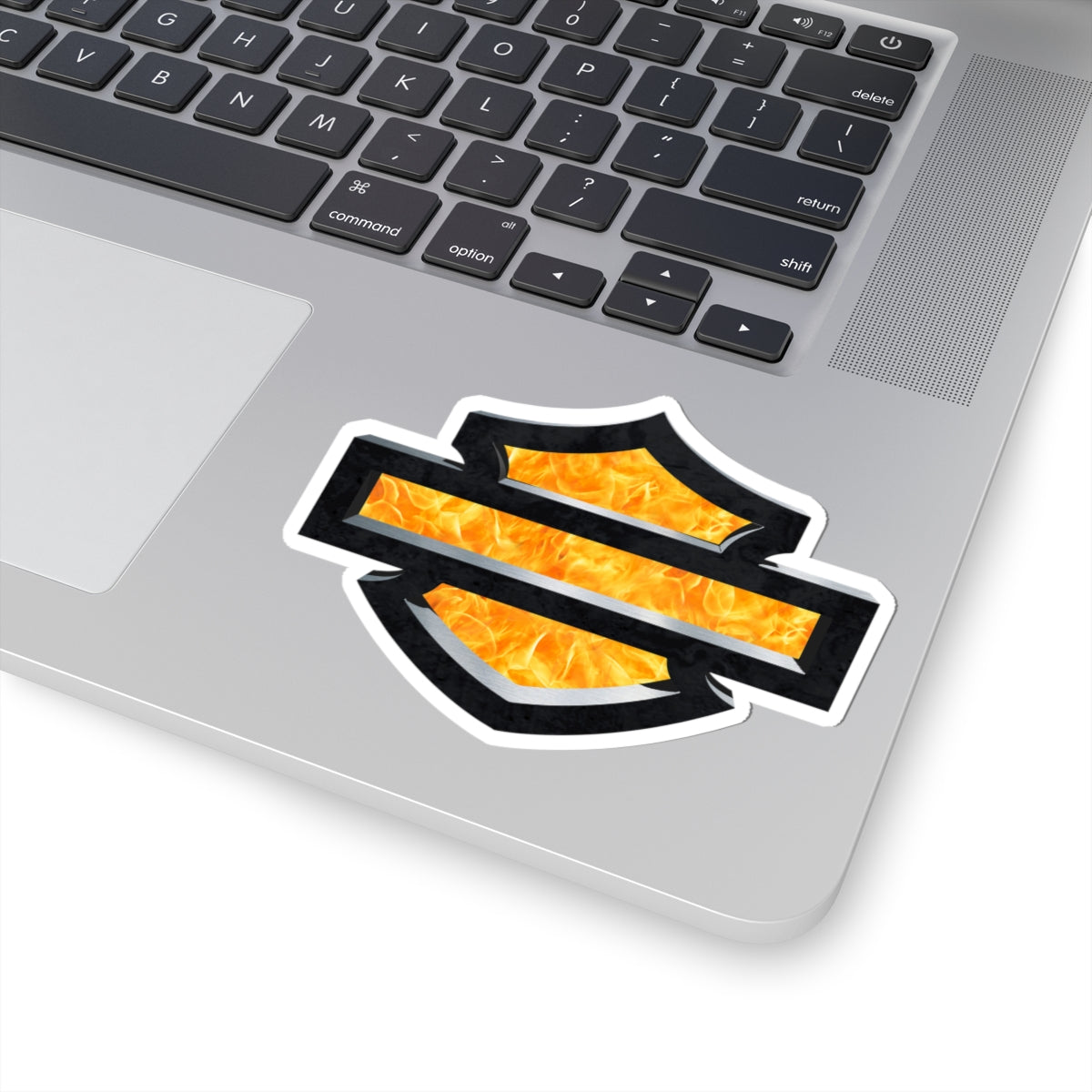 Flaming HD Shield Sticker | Bold Black and Fire Motorcycle Emblem for Bikes, Helmets, and Gear, ArtKiss-Cut Stickers
