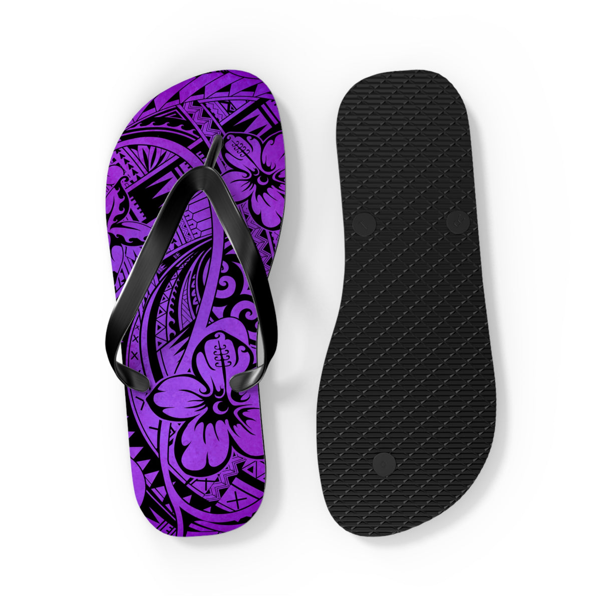 Polynesian Purple Floral Flip Flops, Summer Sandals, Beach Footwear, Vacation Essentials, Casual Footwear
