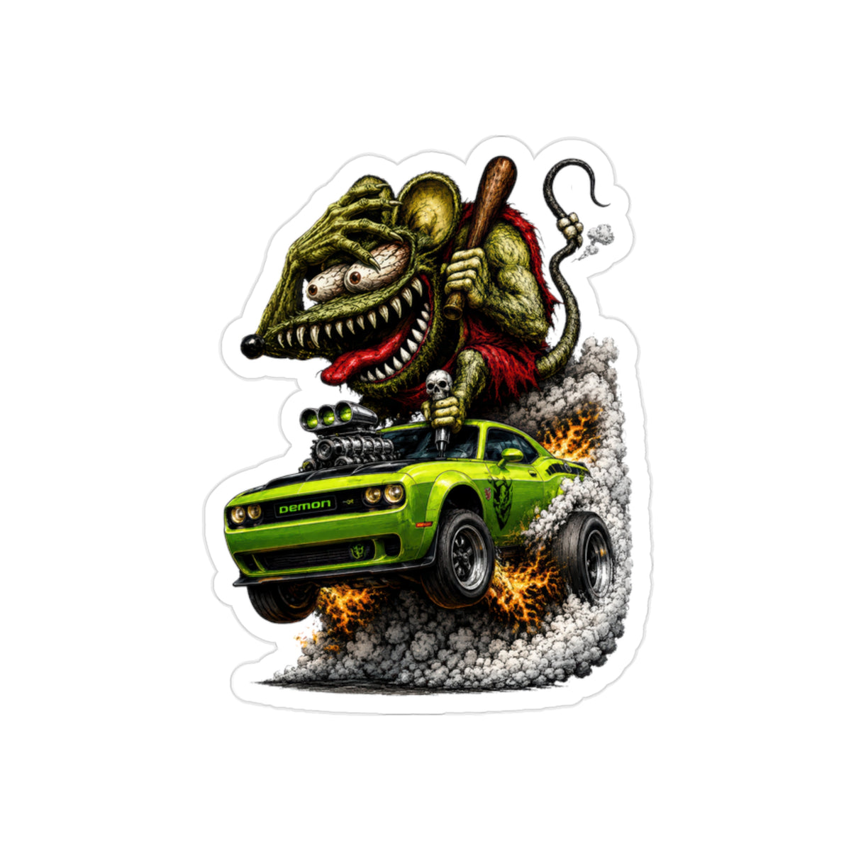 Crazy Rat Dodge Demon Sticker | Supercharged Green Muscle Car Decal | Monster Drag Racing Art | Transparent Vinyl Hot Rod Sticker