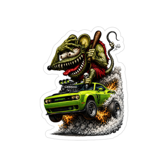 Crazy Rat Dodge Demon Sticker | Supercharged Green Muscle Car Decal | Monster Drag Racing Art | Transparent Vinyl Hot Rod Sticker