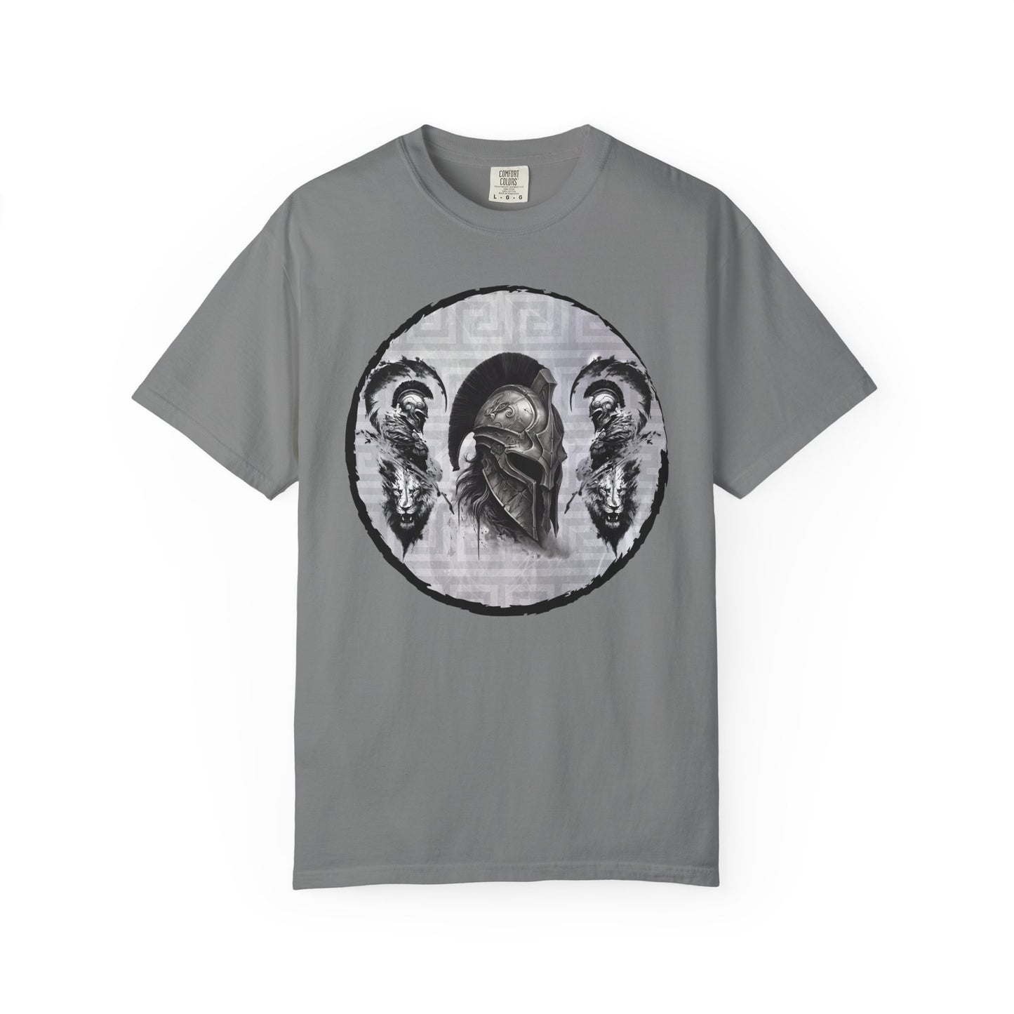 Spartan Warrior T-Shirt – Greek Helmet Circle Design Front & Spear Back | Warrior Graphic Tee