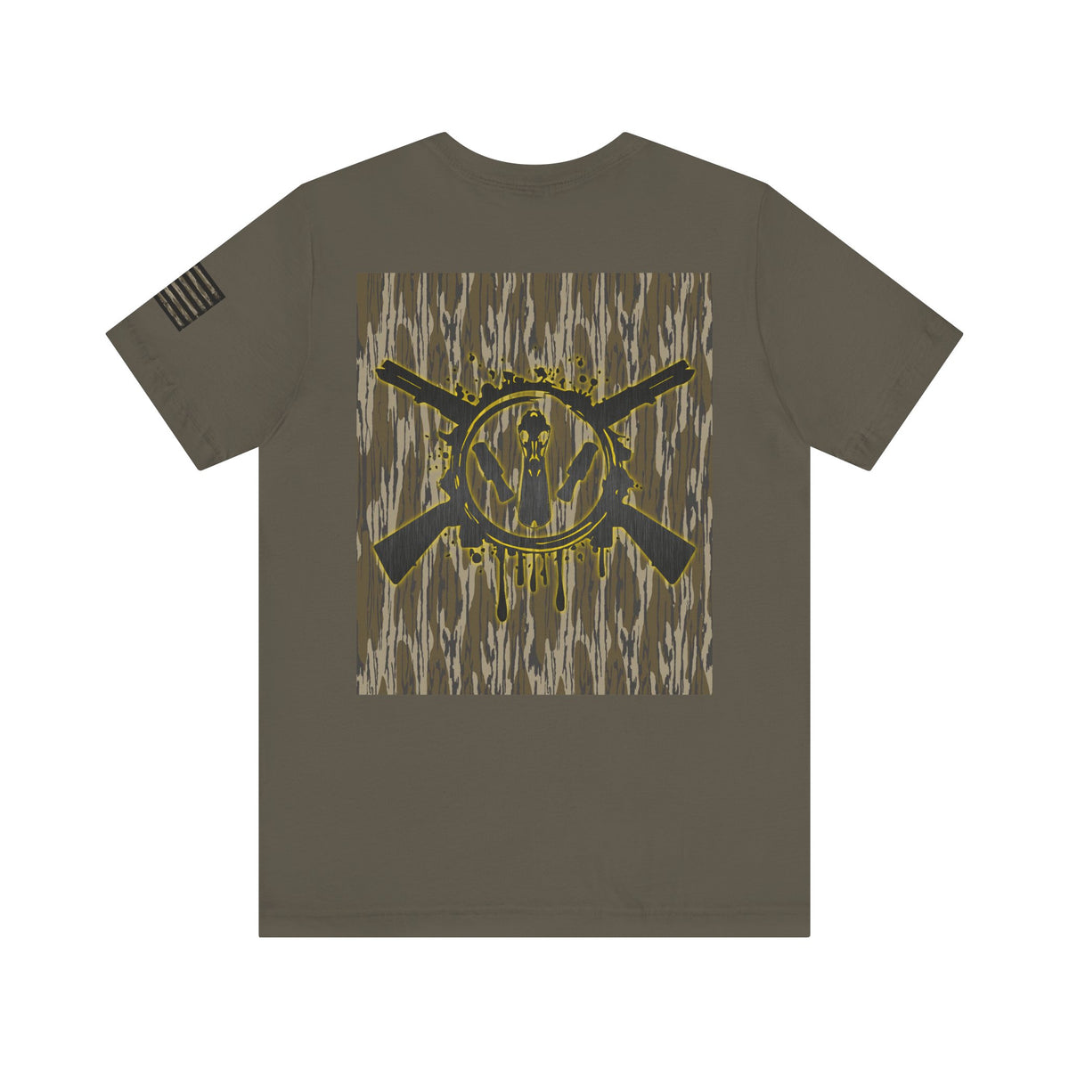 Duck Hunting Badge T-Shirt – Mossy Camo Print, Crossed Guns & Duck Skull Graphic