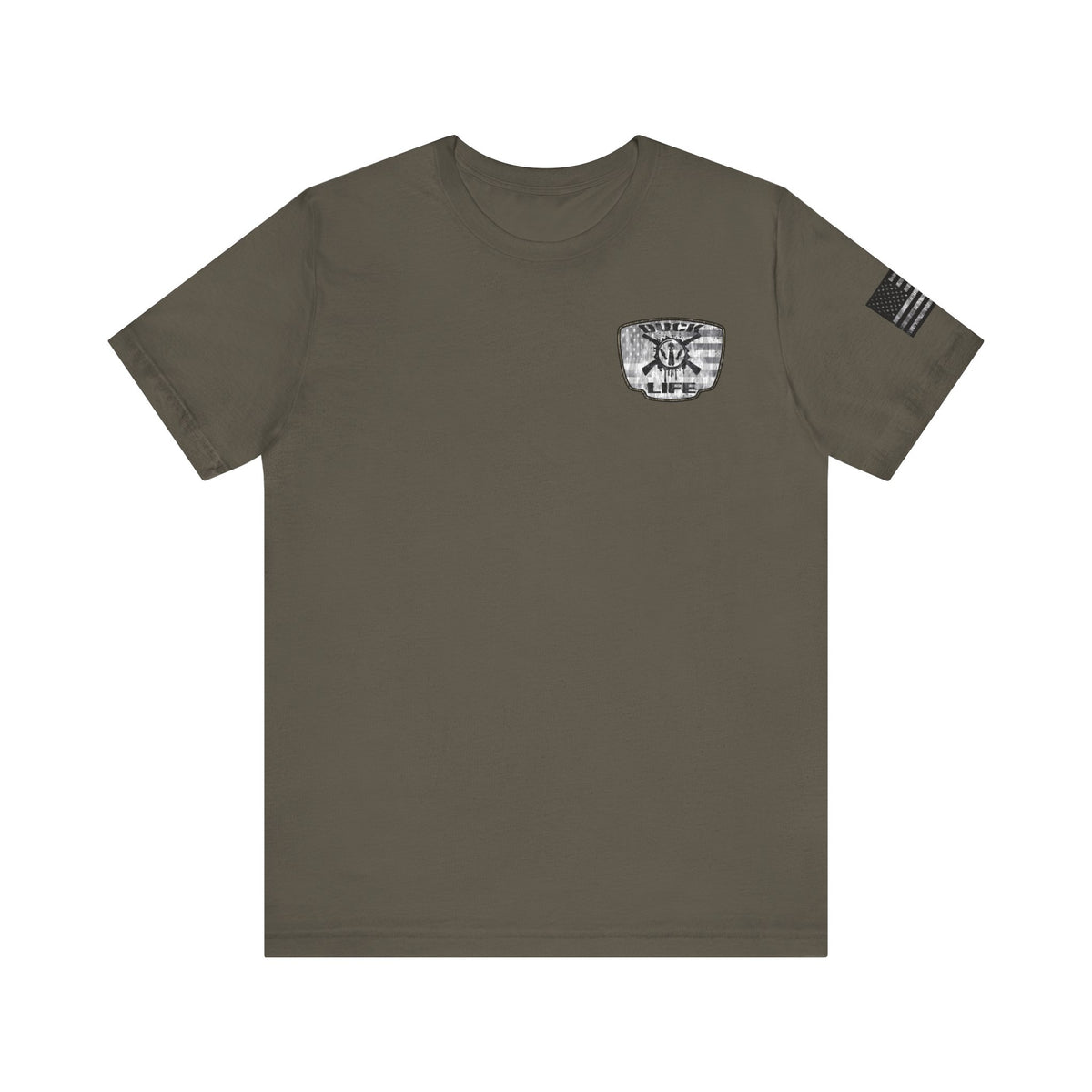 White American Flag Duck Hunting Badge T-Shirt – Mossy Camo Print, Crossed Guns & Duck Skull Graphic