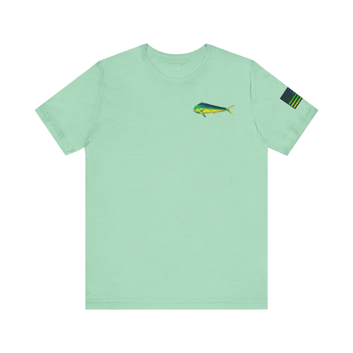 Mahi Mahi Badge Tee with Blackout Flag – Patriotic Saltwater Fishing Shirt