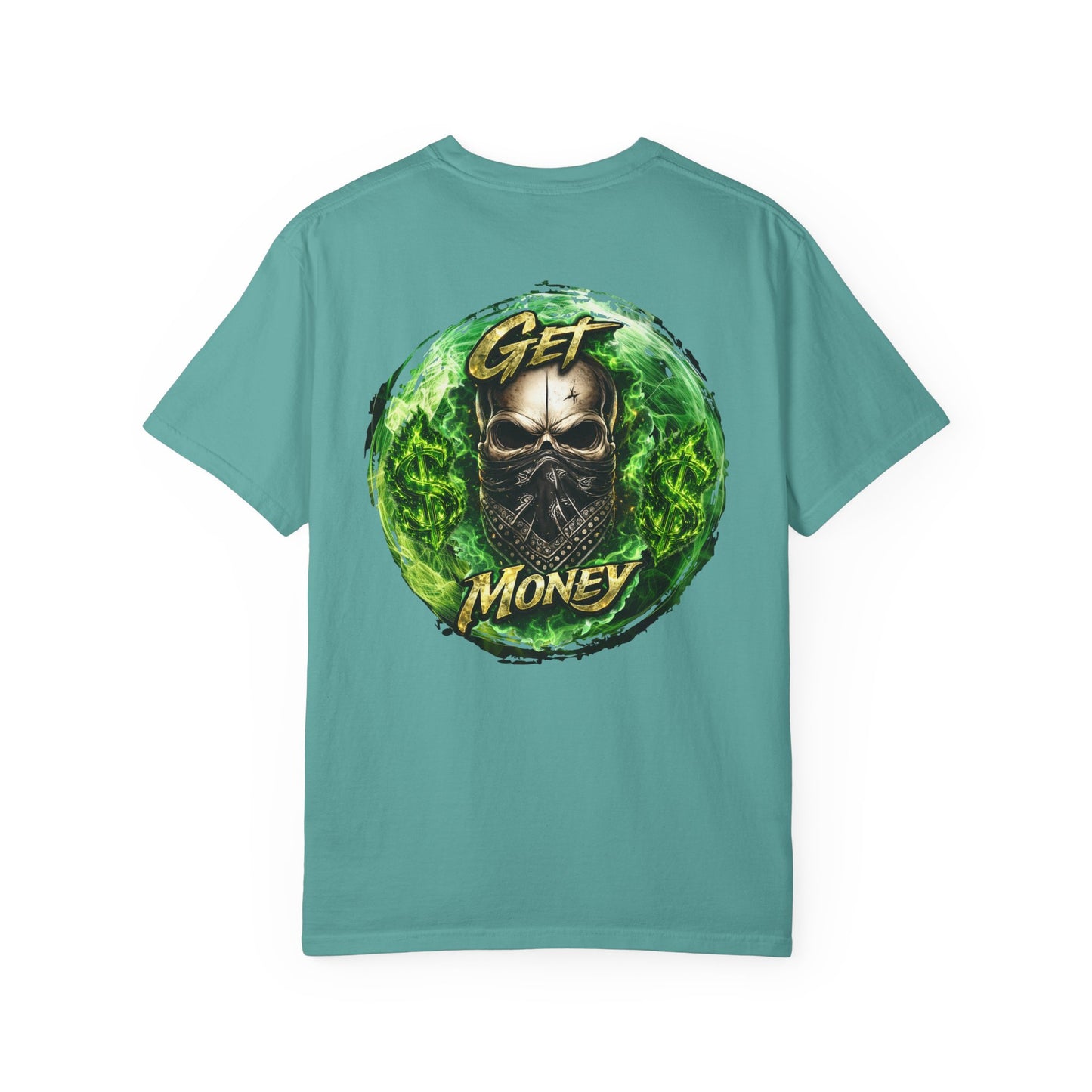 Get Money Skull Graphic Tee – Green Flame Dollar Sign Hustle Streetwear Shirt