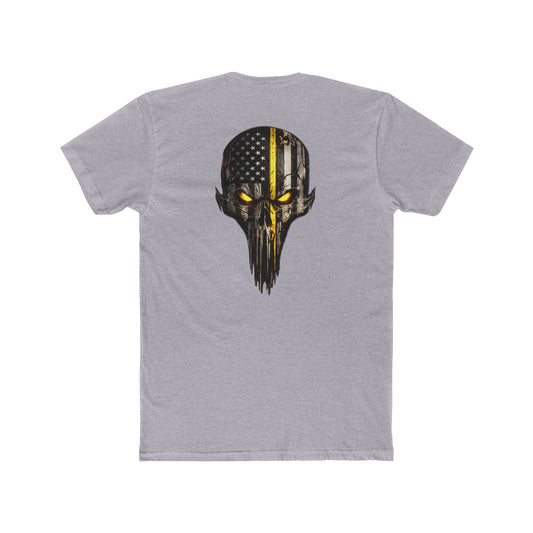 Thin Yellow Line Skull Tee — American Flag Shield & Back Skull Graphic