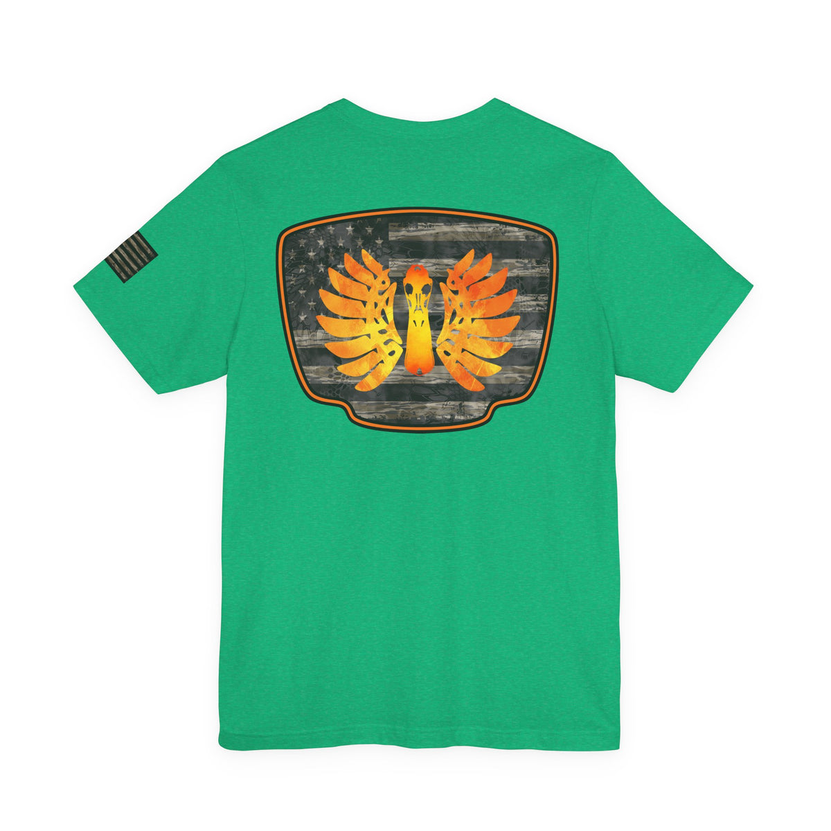 Duck Hunt Badge T-Shirt – Mossy Camo Print, Crossed Guns & Duck Skull Graphic