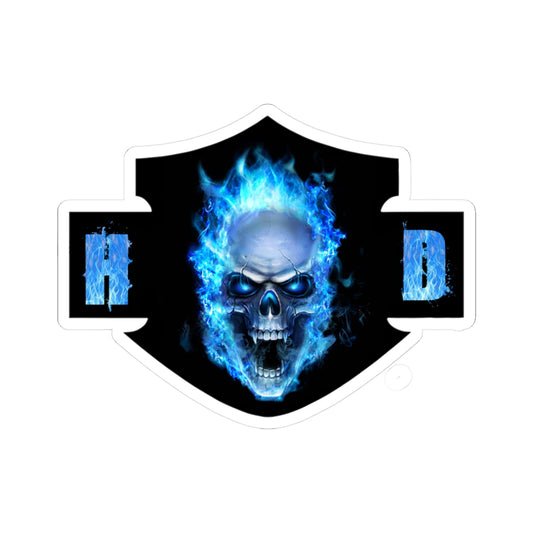 Harley Blue Fire Skull Biker Emblem | Bold Motorcycle Graphic for Decals, Shirts, or Garage Art, ArtKiss-Cut Stickers