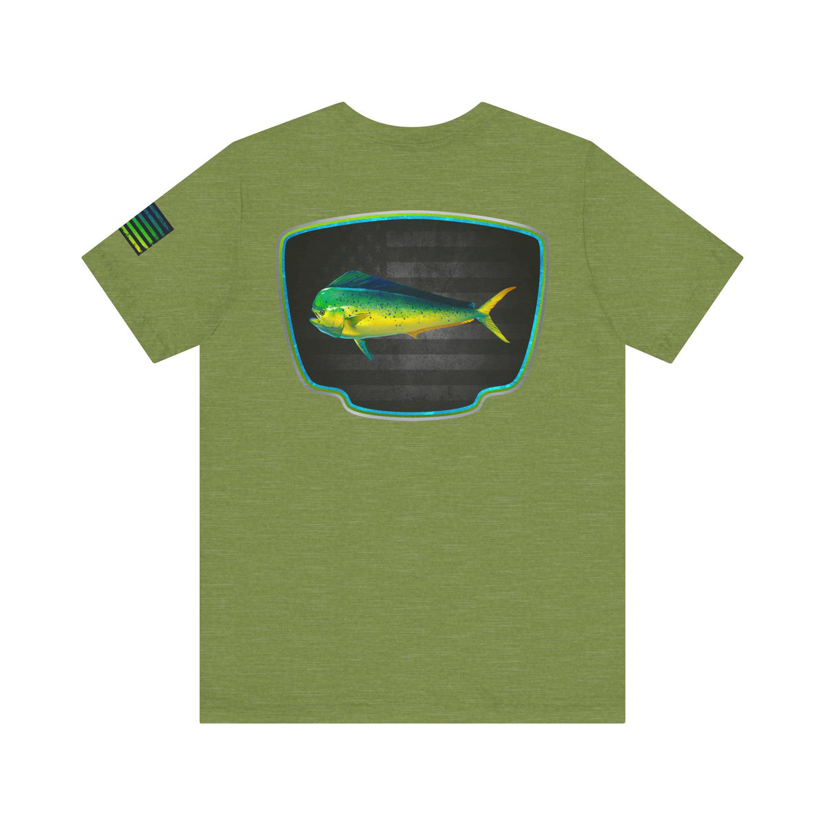 Mahi Mahi Badge Tee with Blackout Flag – Patriotic Saltwater Fishing Shirt