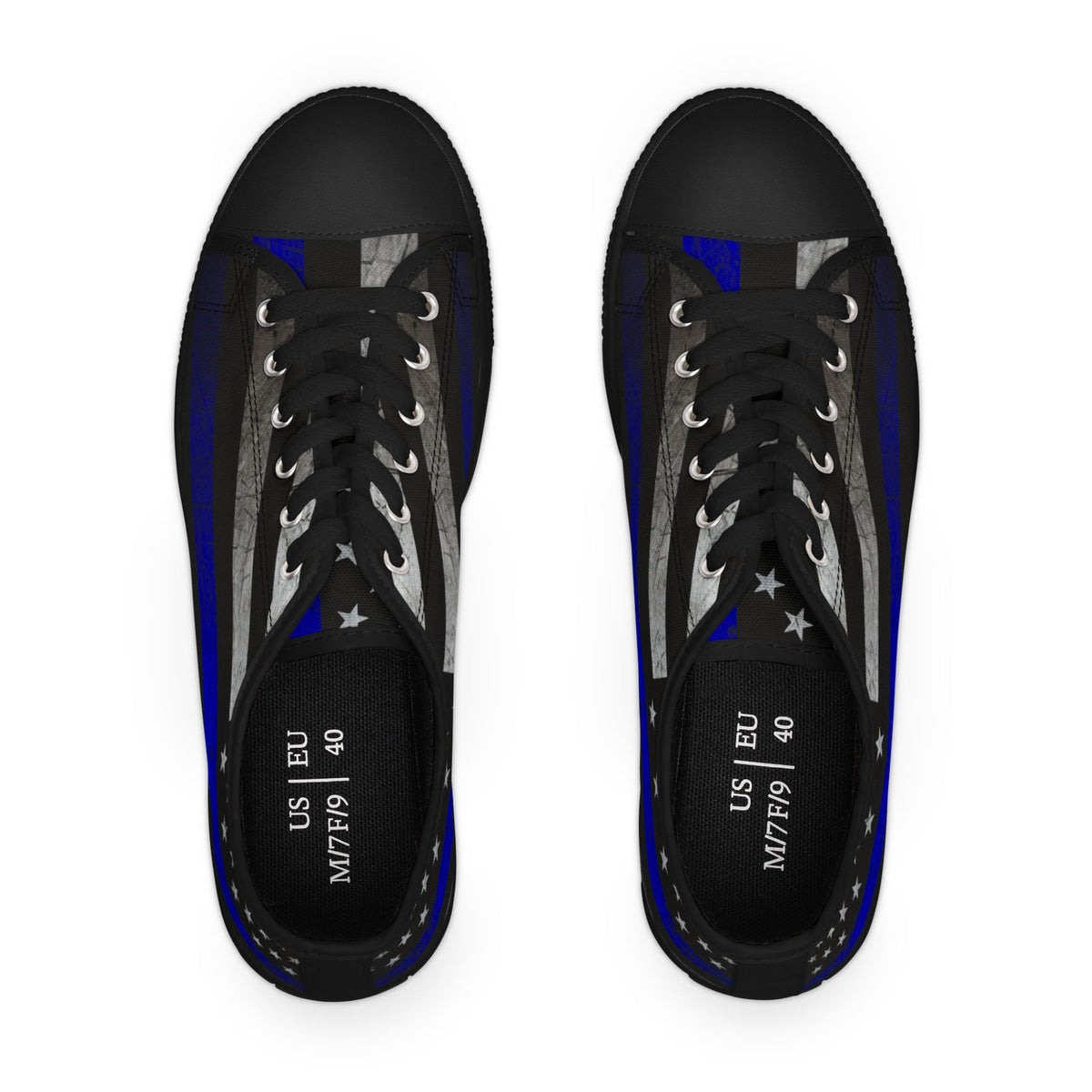 Thin Blue Line American Flag Sneakers – Black & Blue Low Top Canvas Shoes for Women, Police Support, Patriotic Streetwear