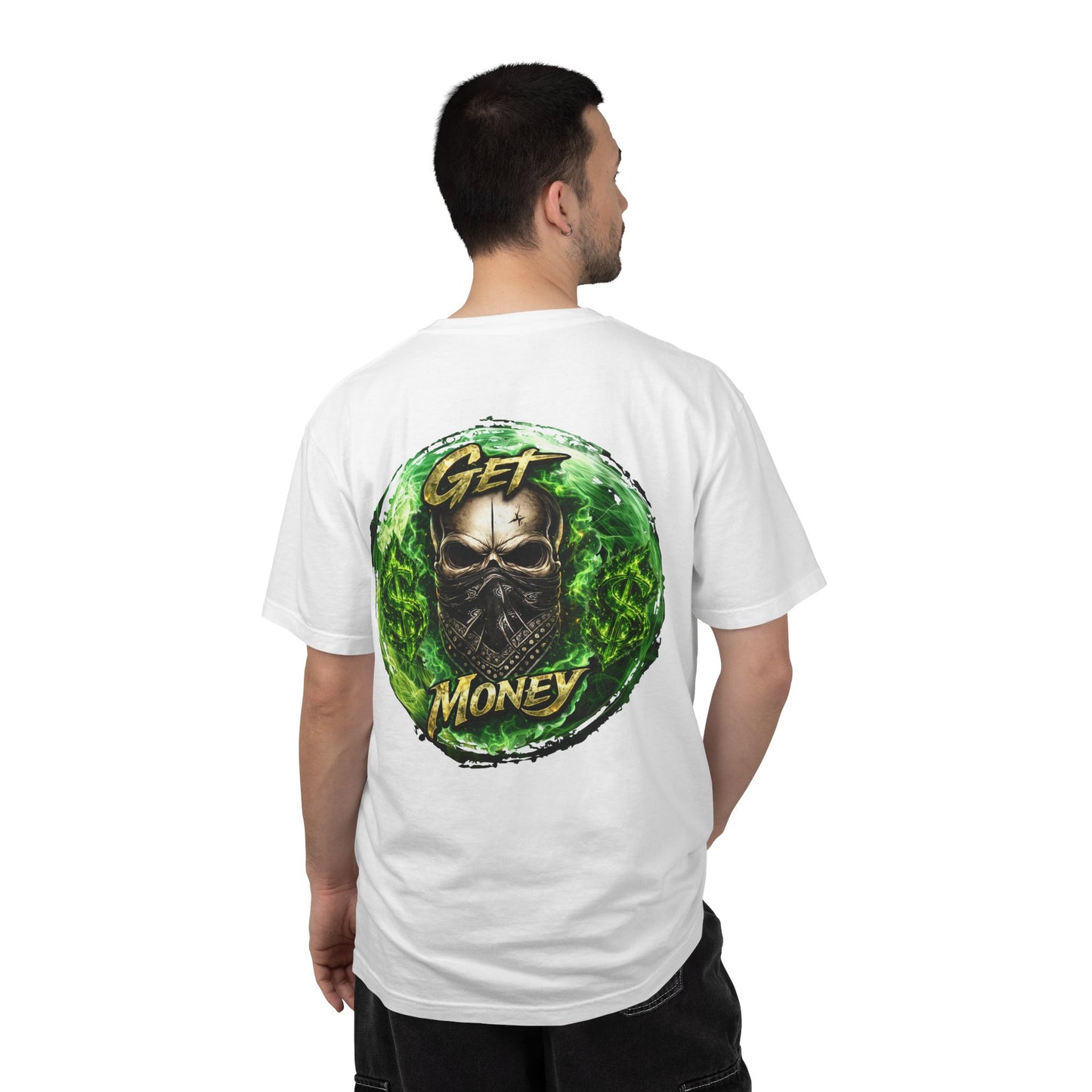 Get Money Skull Graphic Tee – Green Flame Dollar Sign Hustle Streetwear Shirt