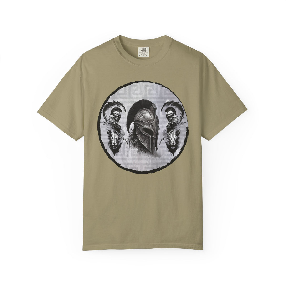 Spartan Warrior T-Shirt – Greek Helmet Circle Design Front & Spear Back | Warrior Graphic Tee