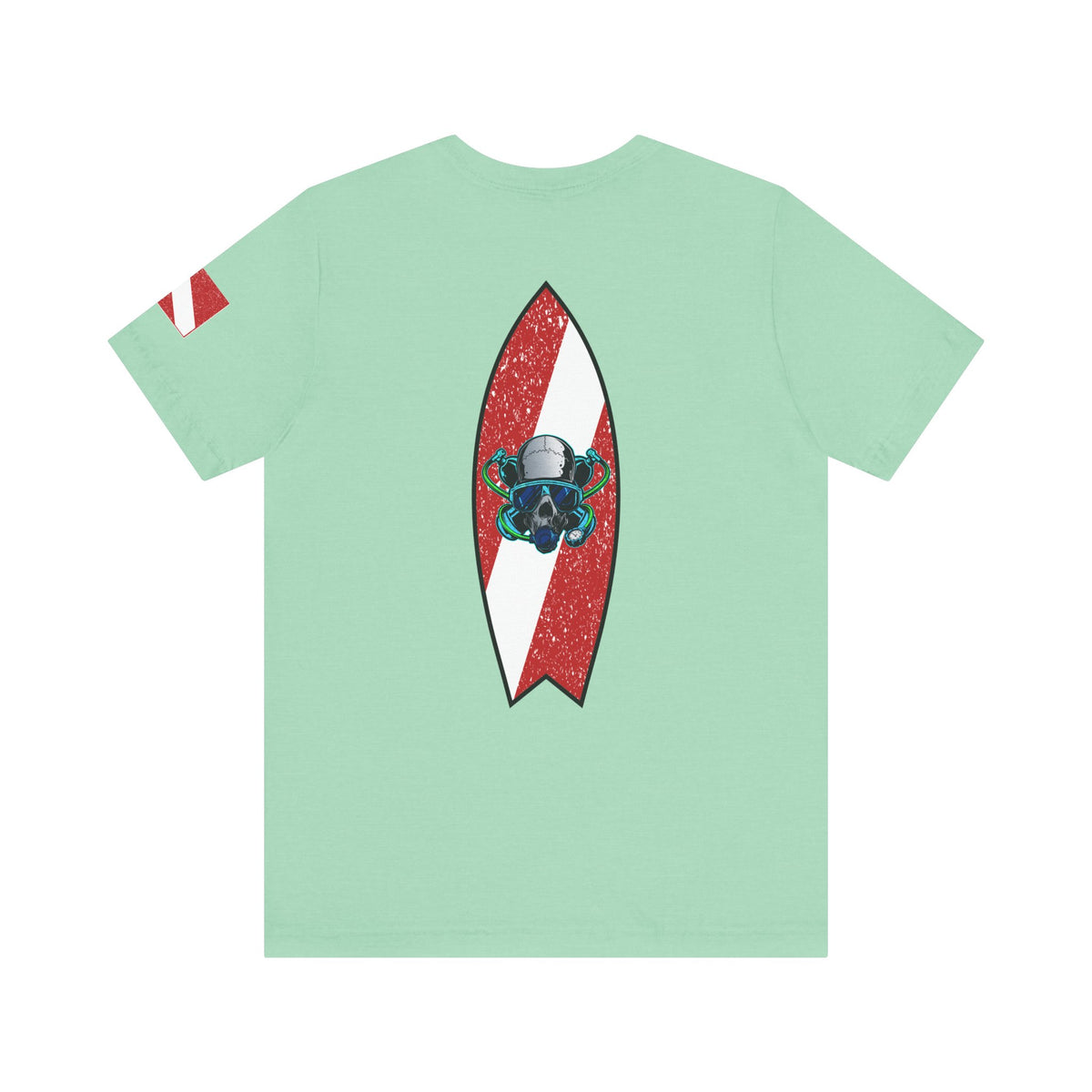 Scuba Diver Skull Red Dive Flag Design – Vintage Distressed Diving Flag Graphic with Oxygen Mask & Regulator, Retro Surfboard Decal, Nautical Tattoo Art