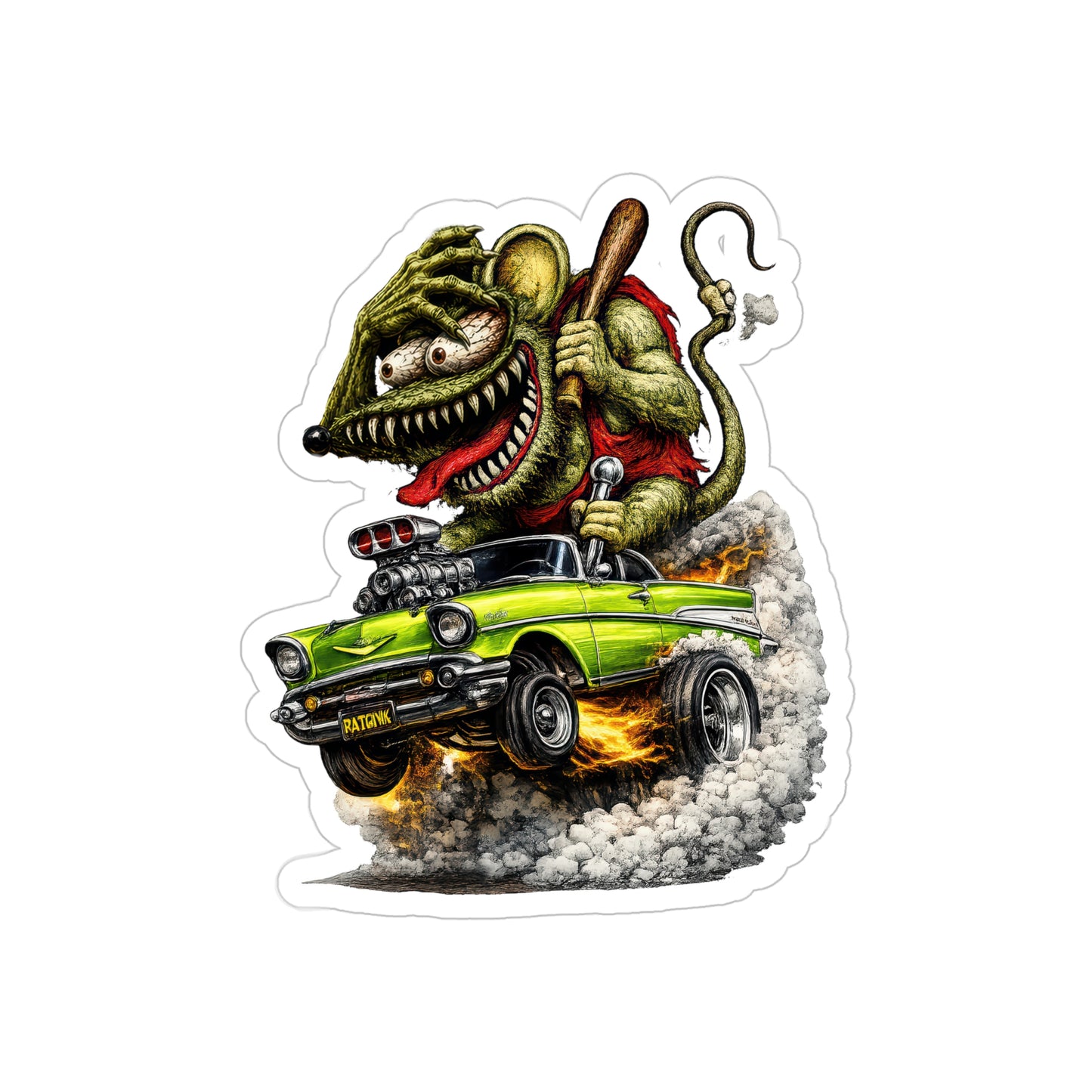 Crazy Rat Gasser Sticker | 1957 Green Chevy Bel Air Hot Rod Muscle Car Decal | Vintage Drag Racing Monster Art | Transparent Vinyl Sticker