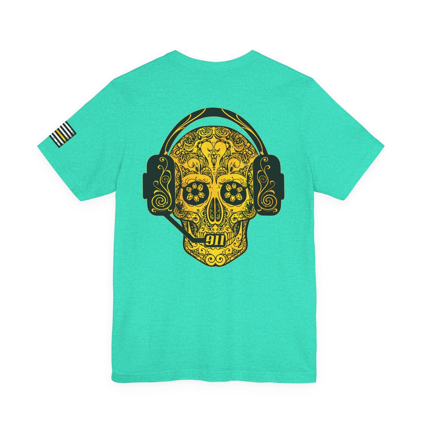 911 Dispatcher Sugar Skull Unisex Tee, Dispatcher Gift, Day of the Dead Shirt, Thin Gold Line,