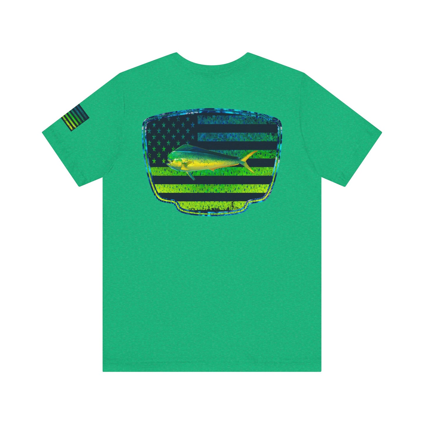 Patriotic Mahi Mahi Flag Tee – Grunge Fishing Badge Shirt for Outdoor Lovers