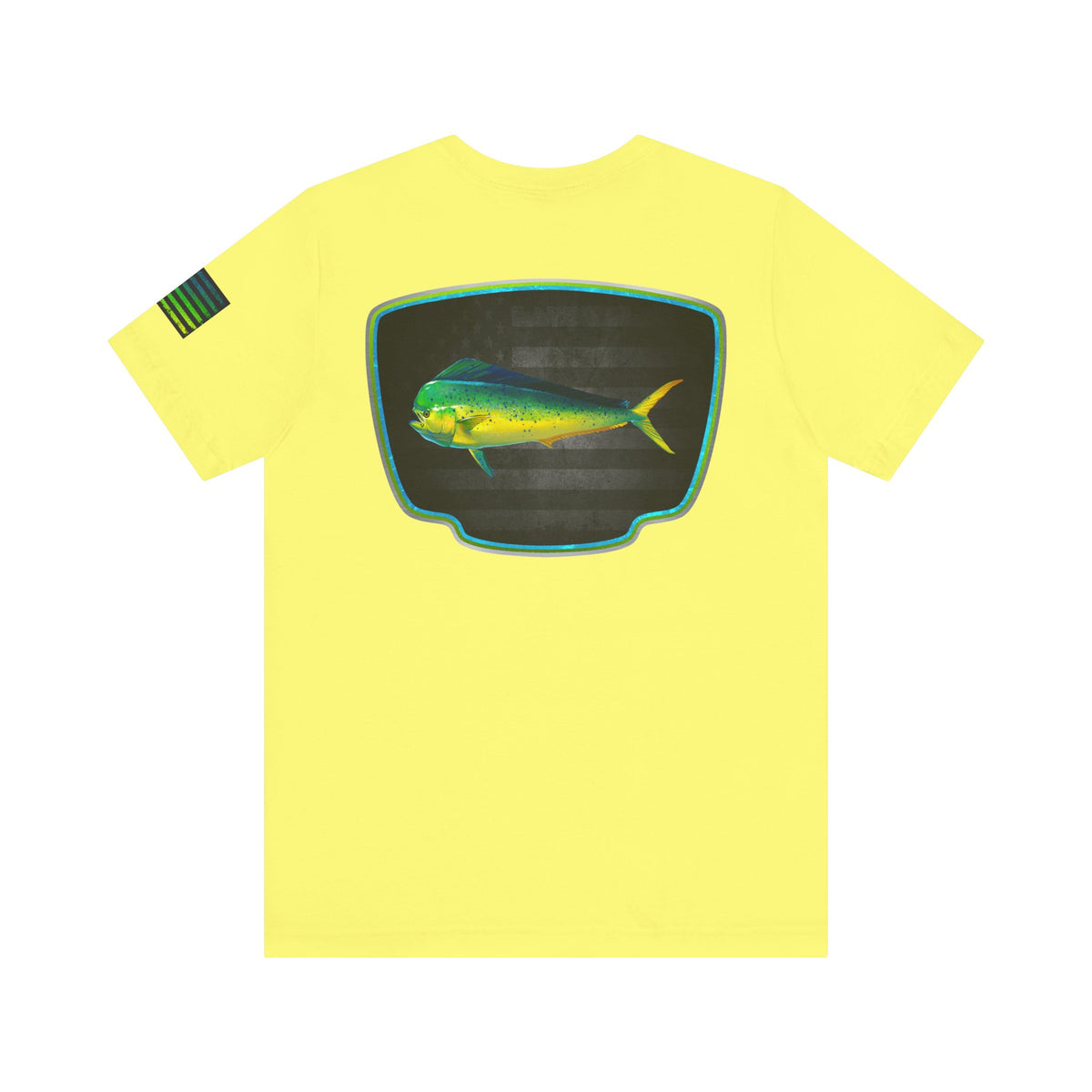 Mahi Mahi Badge Tee with Blackout Flag – Patriotic Saltwater Fishing Shirt