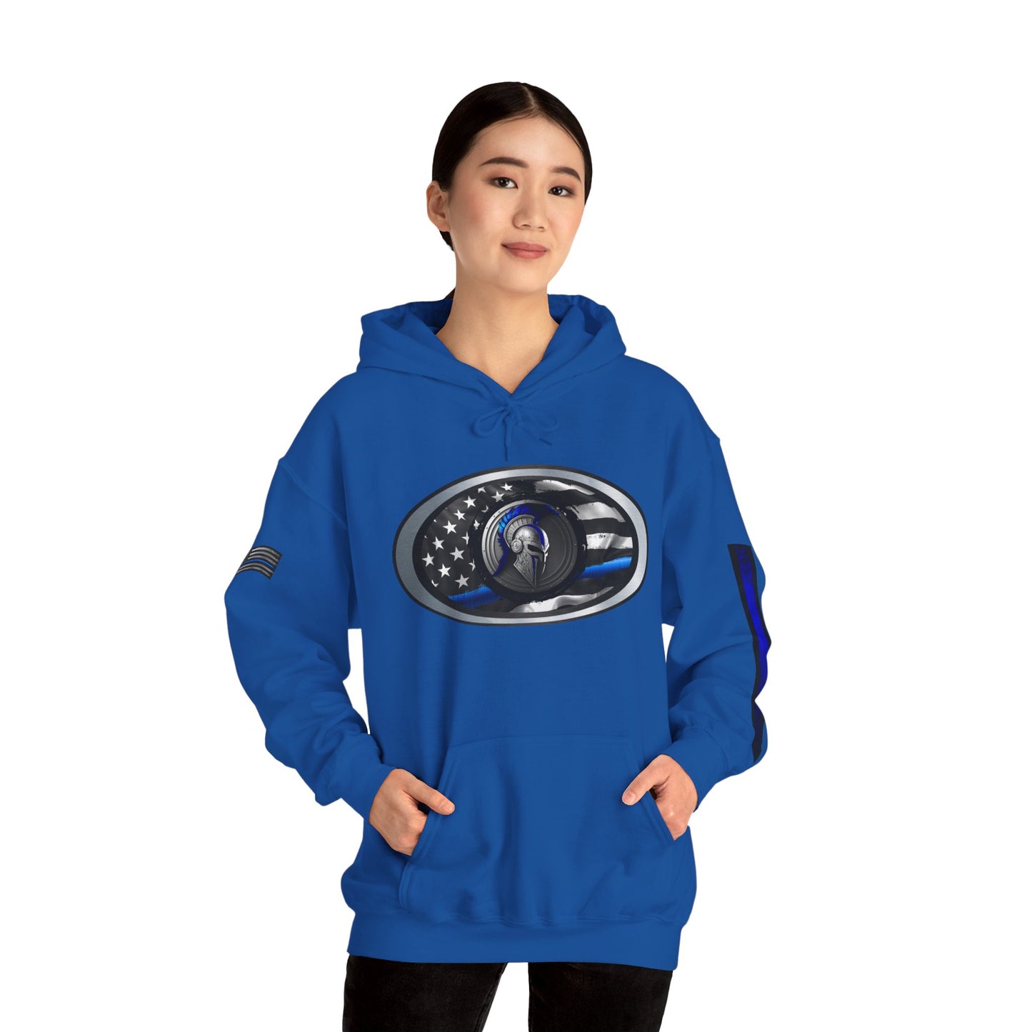 Spartan Thin Blue Line Flag Hoodie – Warrior Helmet Patriotic Sweatshirt for Police Supporters