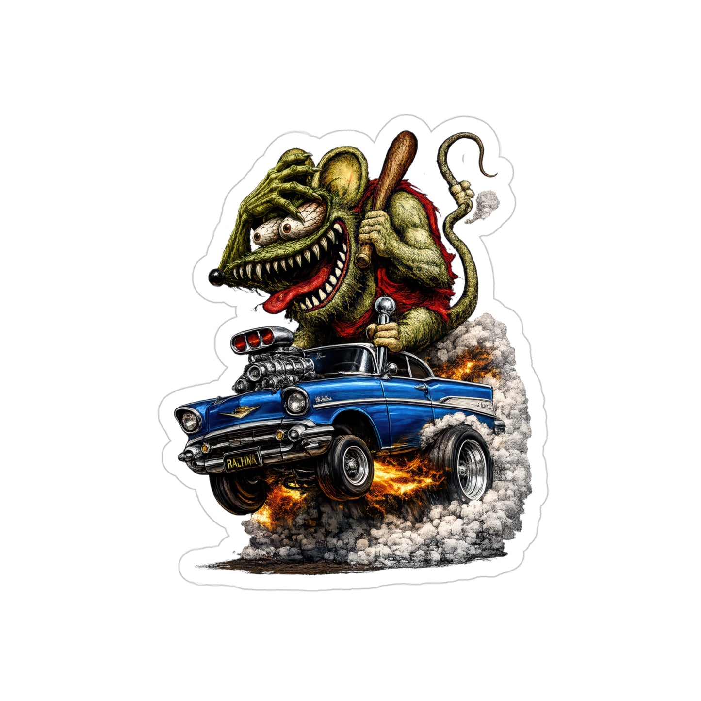 Crazy Rat Gasser Sticker | 1957 Blue Chevy Bel Air Hot Rod Muscle Car Decal | Vintage Drag Racing Monster Art | Transparent Vinyl Sticker
