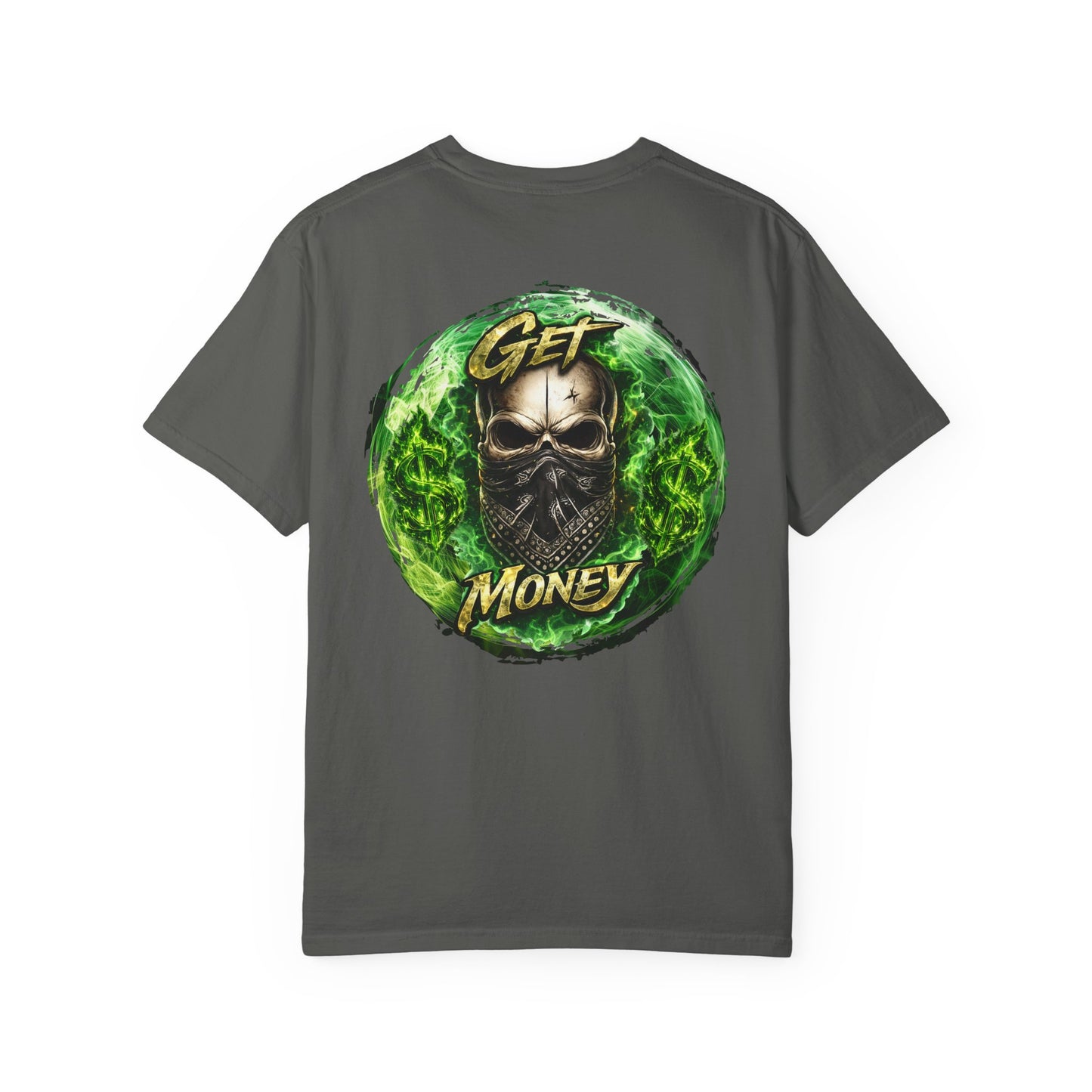 Get Money Skull Graphic Tee – Green Flame Dollar Sign Hustle Streetwear Shirt