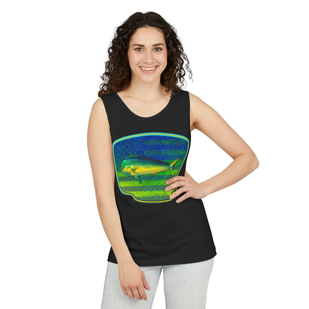 American Mahi Mahi Graphic Tank Top, Summer Apparel, Outdoors Shirt, Fishing Gear, Beachwear, Gifts for Anglers