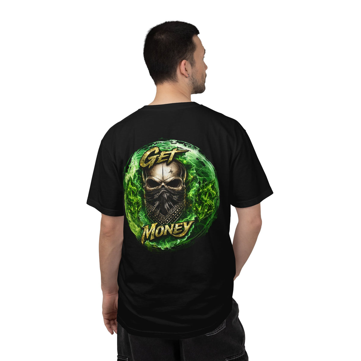 Get Money Skull Graphic Tee – Green Flame Dollar Sign Hustle Streetwear Shirt
