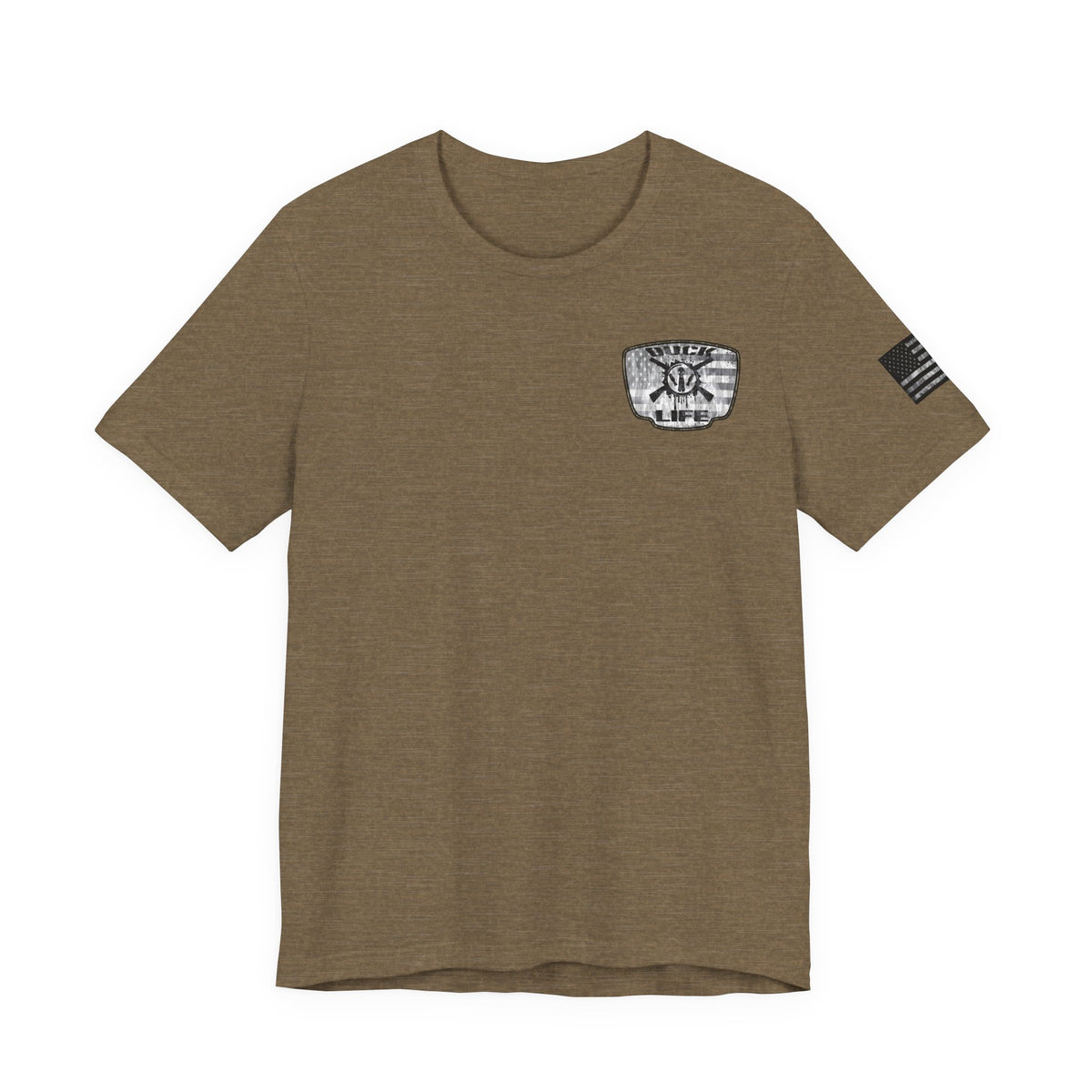 White American Flag Duck Hunting Badge T-Shirt – Mossy Camo Print, Crossed Guns & Duck Skull Graphic