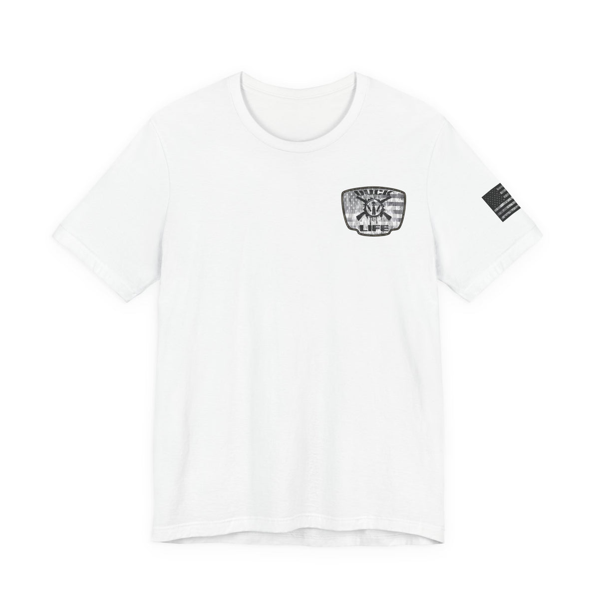 White American Flag Duck Hunting Badge T-Shirt – Mossy Camo Print, Crossed Guns & Duck Skull Graphic