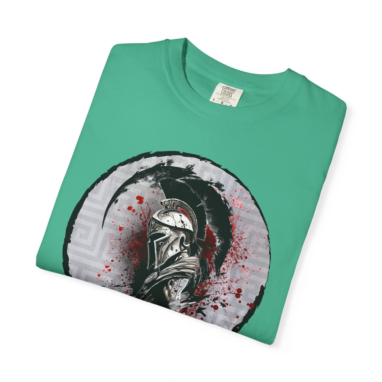 Spartan Warrior T-Shirt – Greek Helmet Circle Design Front & Spear Back | Warrior Graphic Tee