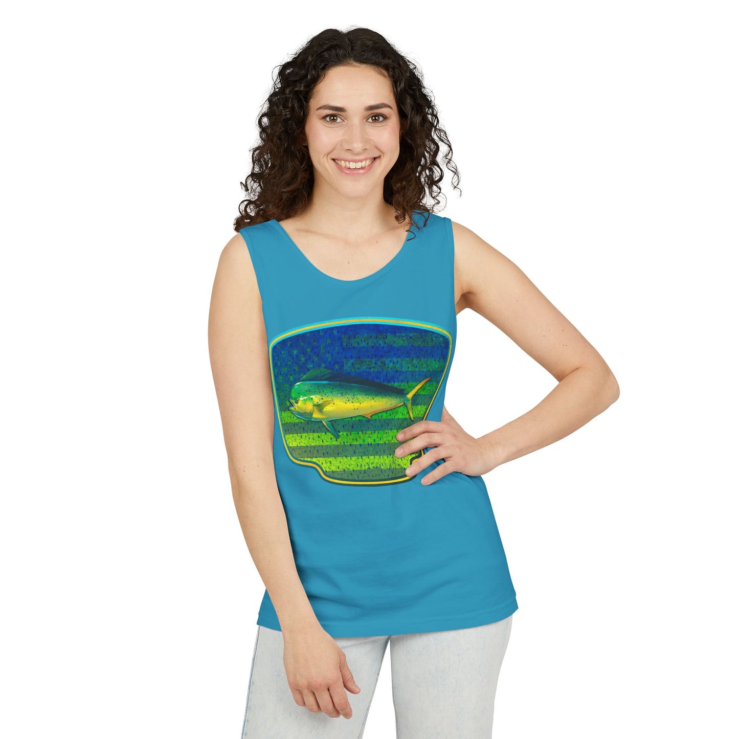 American Mahi Mahi Graphic Tank Top, Summer Apparel, Outdoors Shirt, Fishing Gear, Beachwear, Gifts for Anglers