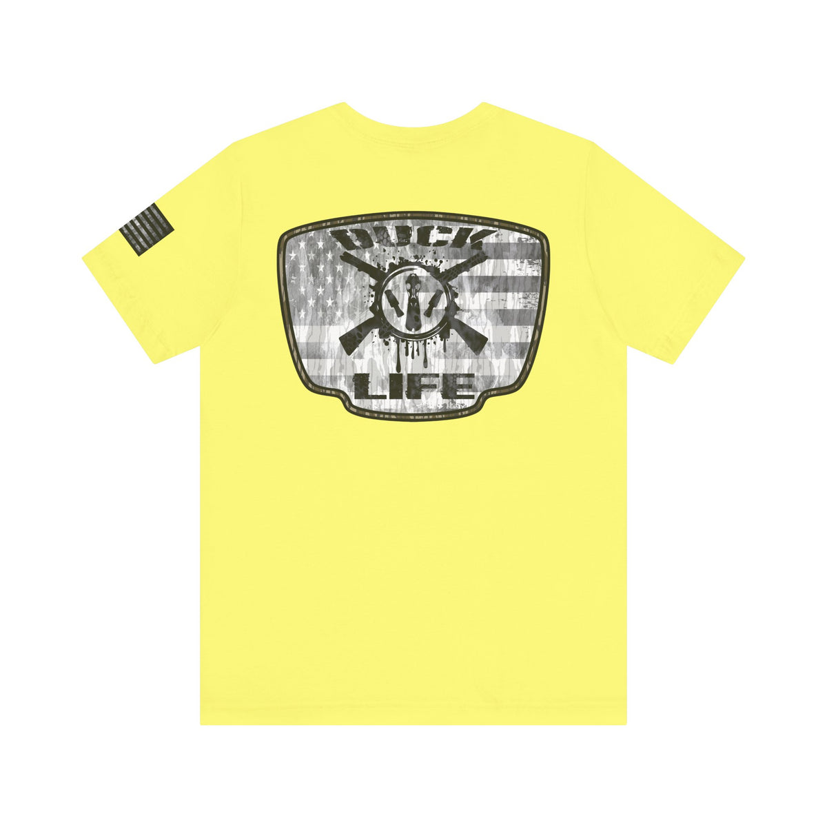 White American Flag Duck Hunting Badge T-Shirt – Mossy Camo Print, Crossed Guns & Duck Skull Graphic