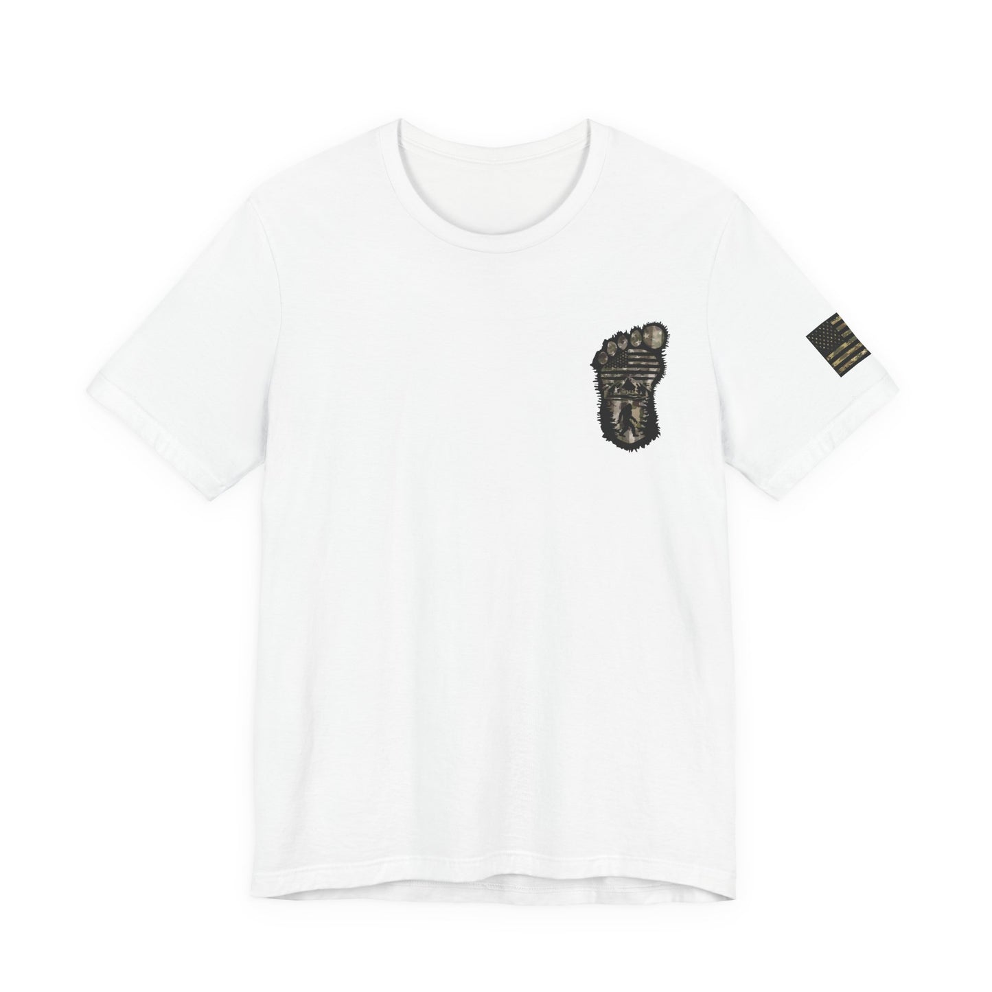 Bigfoot American Flag Camo Tee, Patriotic Sasquatch Shirt, USA Yetti Top, Men's Women's Unisex T-shirt, Cryptid Camouflage