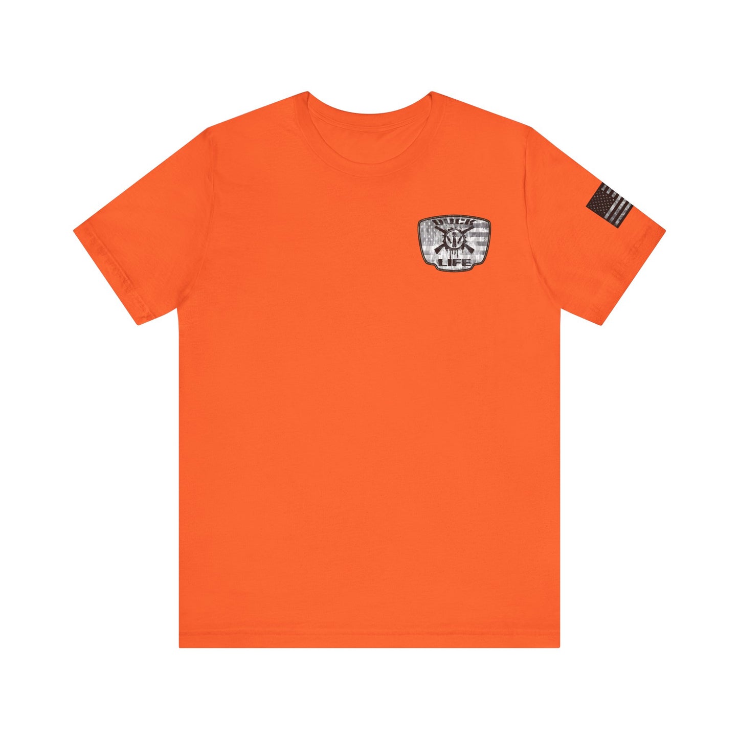 White American Flag Duck Hunting Badge T-Shirt – Mossy Camo Print, Crossed Guns & Duck Skull Graphic