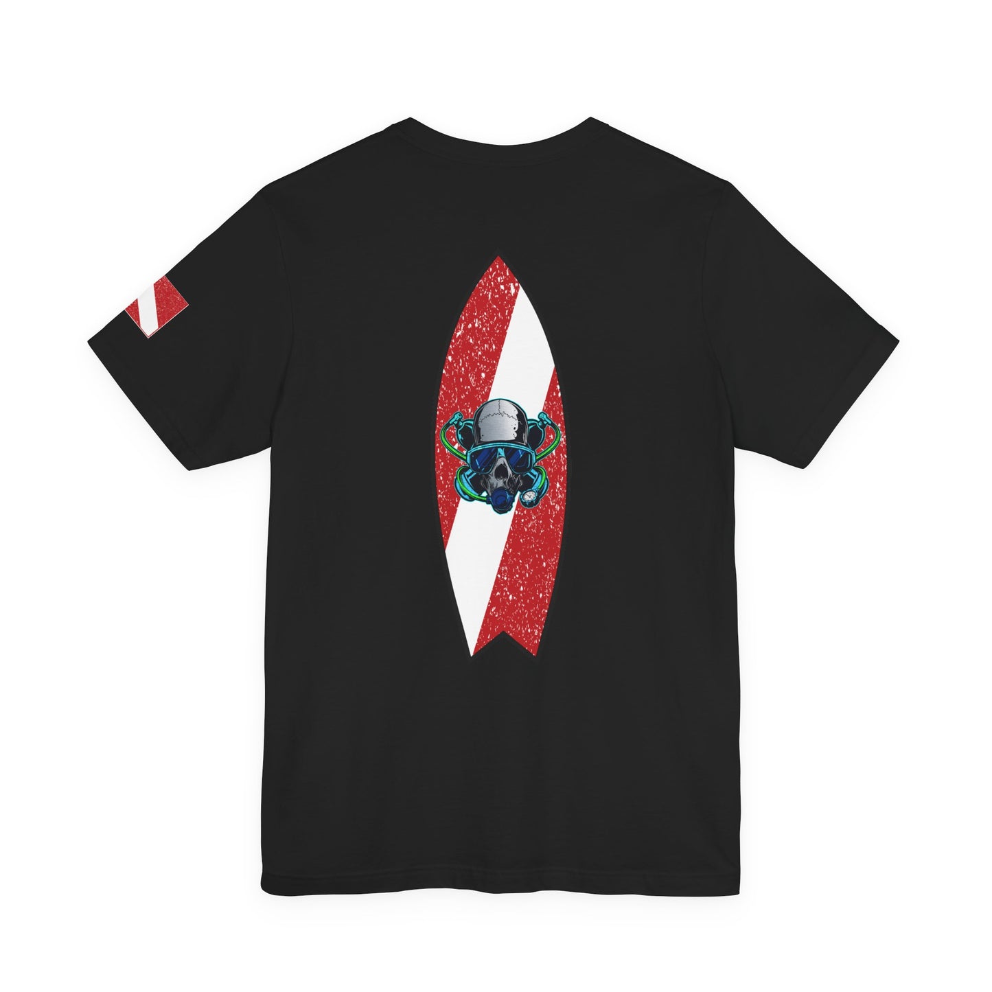 Scuba Diver Skull Red Dive Flag Design – Vintage Distressed Diving Flag Graphic with Oxygen Mask & Regulator, Retro Surfboard Decal, Nautical Tattoo Art