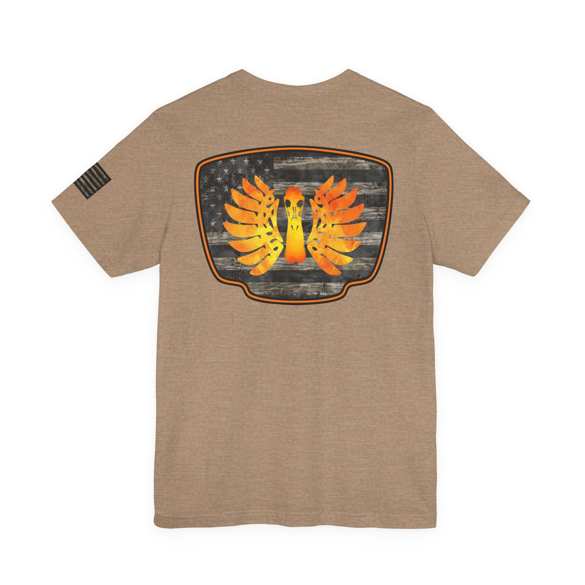 Duck Hunt Badge T-Shirt – Mossy Camo Print, Crossed Guns & Duck Skull Graphic
