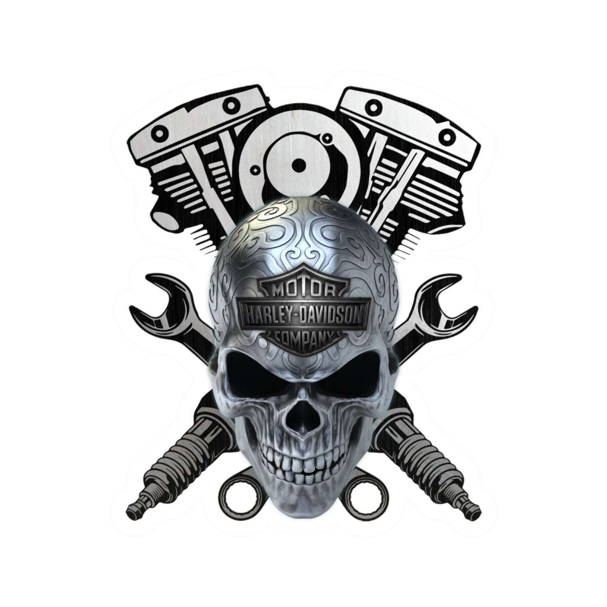 Chrome Skull HD Mechanic Sticker | Wrenches & Engine Harley Decal for Garage, Helmet & Toolboxes, ArtKiss-Cut Stickers
