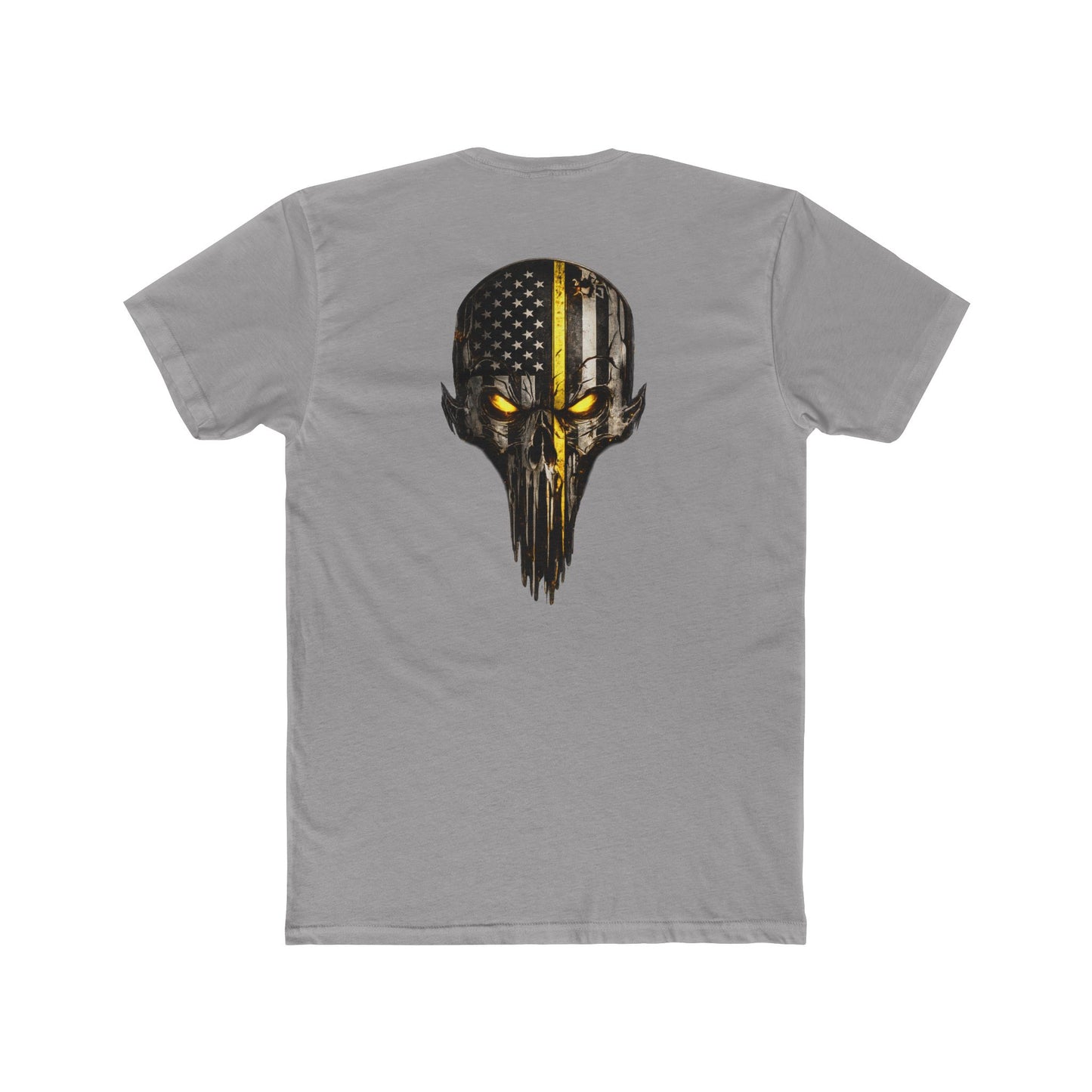Thin Yellow Line Skull Tee — American Flag Shield & Back Skull Graphic