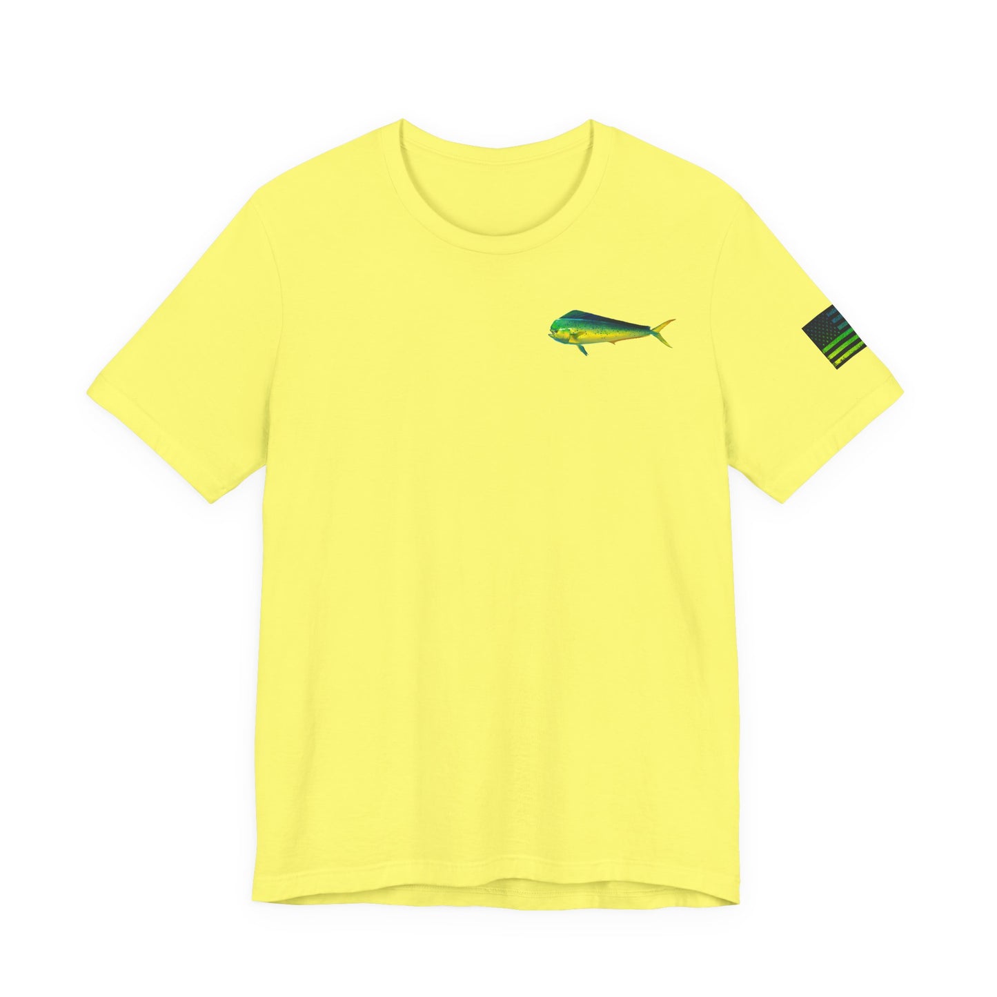 Mahi Mahi Badge Tee with Blackout Flag – Patriotic Saltwater Fishing Shirt