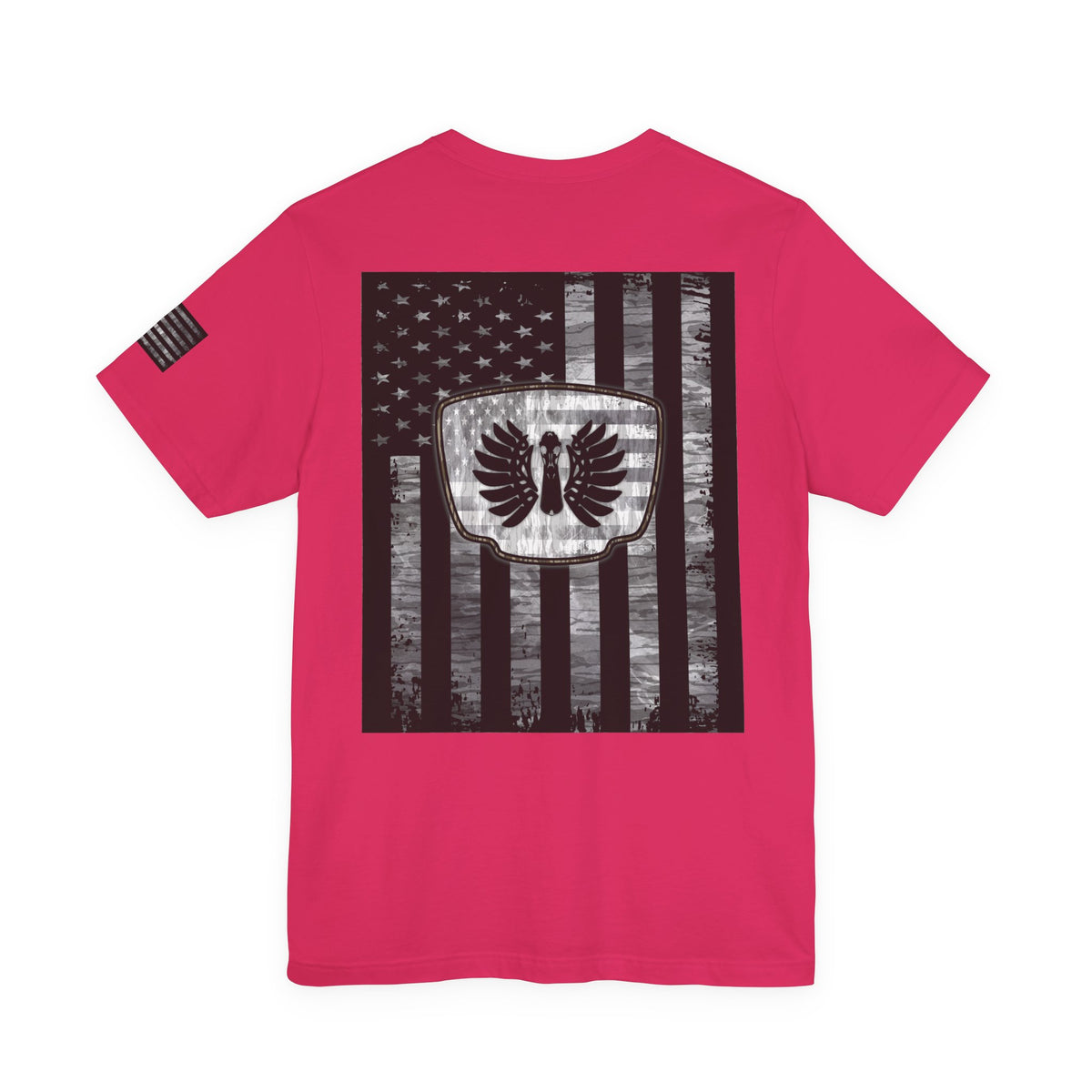 Duck Hunting American Flag Badge T-Shirt – Mossy Camo Print, Crossed Guns & Duck Skull Graphic