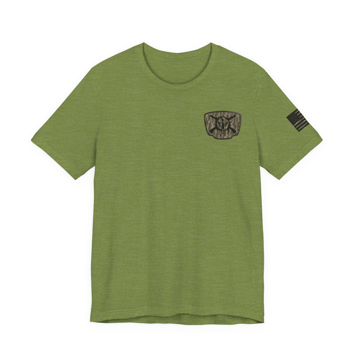 Duck Hunting Badge T-Shirt – Mossy Camo Print, Crossed Guns & Duck Skull Graphic