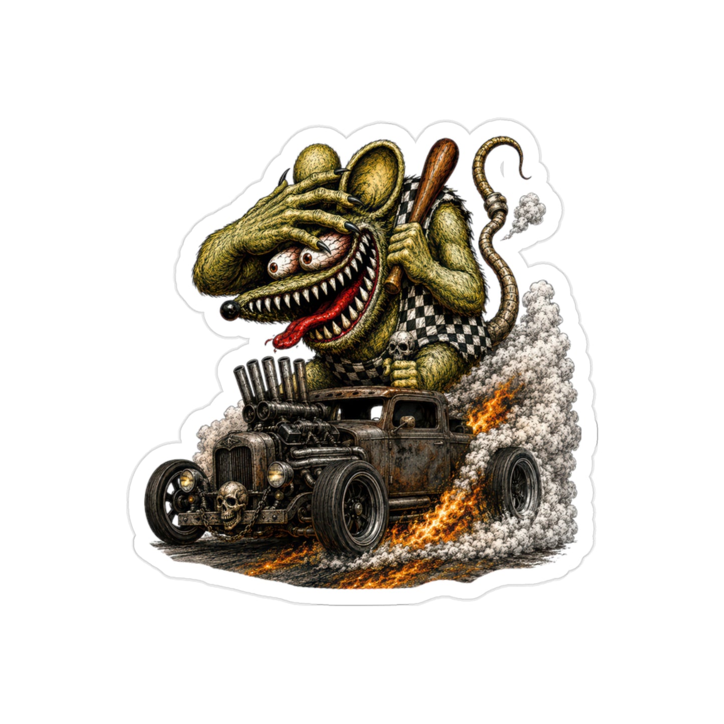 Crazy Rat Rat Rod Sticker | Vintage Hot Rod Pickup Decal | Monster Custom Car Art | Transparent Vinyl Gearhead Sticker