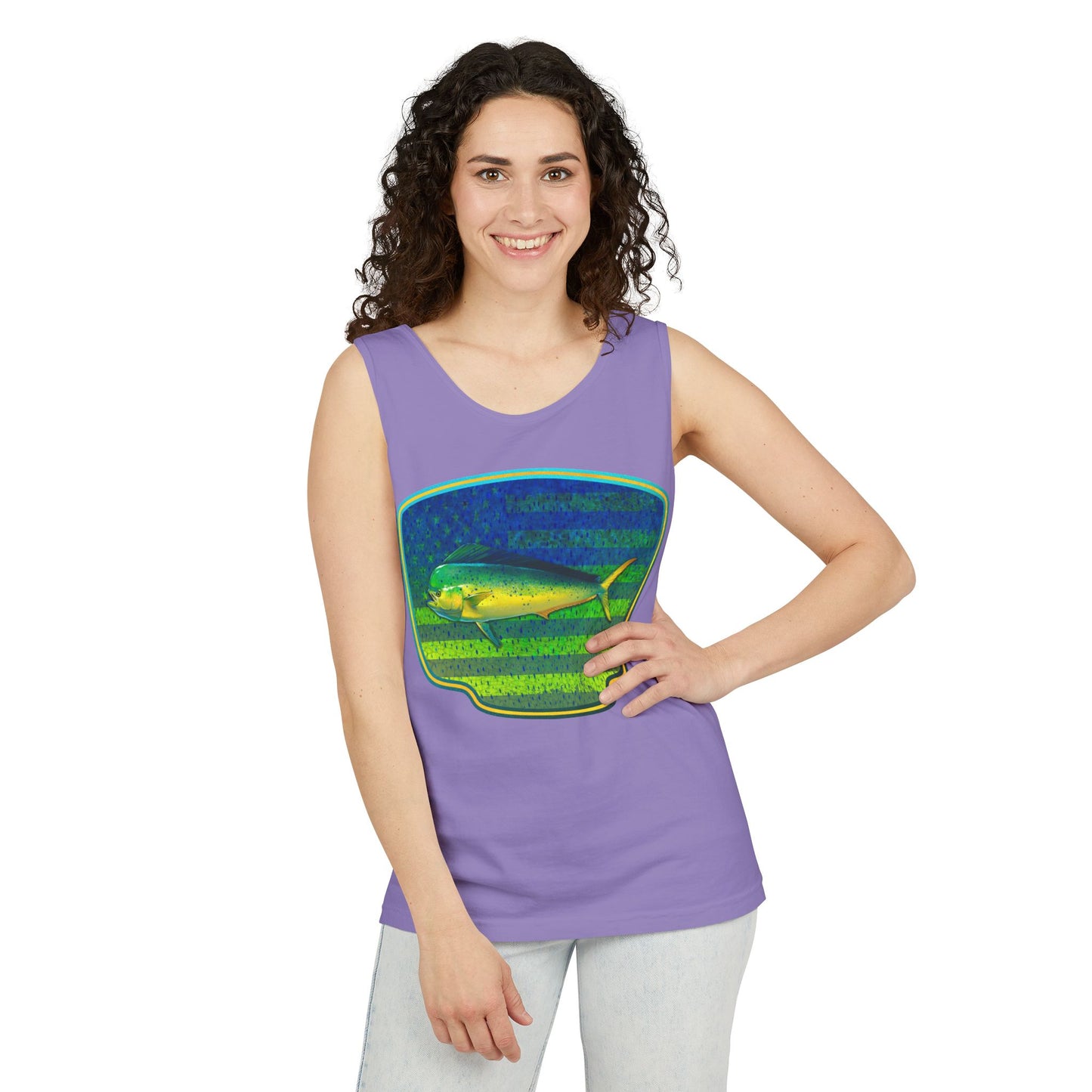 American Mahi Mahi Graphic Tank Top, Summer Apparel, Outdoors Shirt, Fishing Gear, Beachwear, Gifts for Anglers