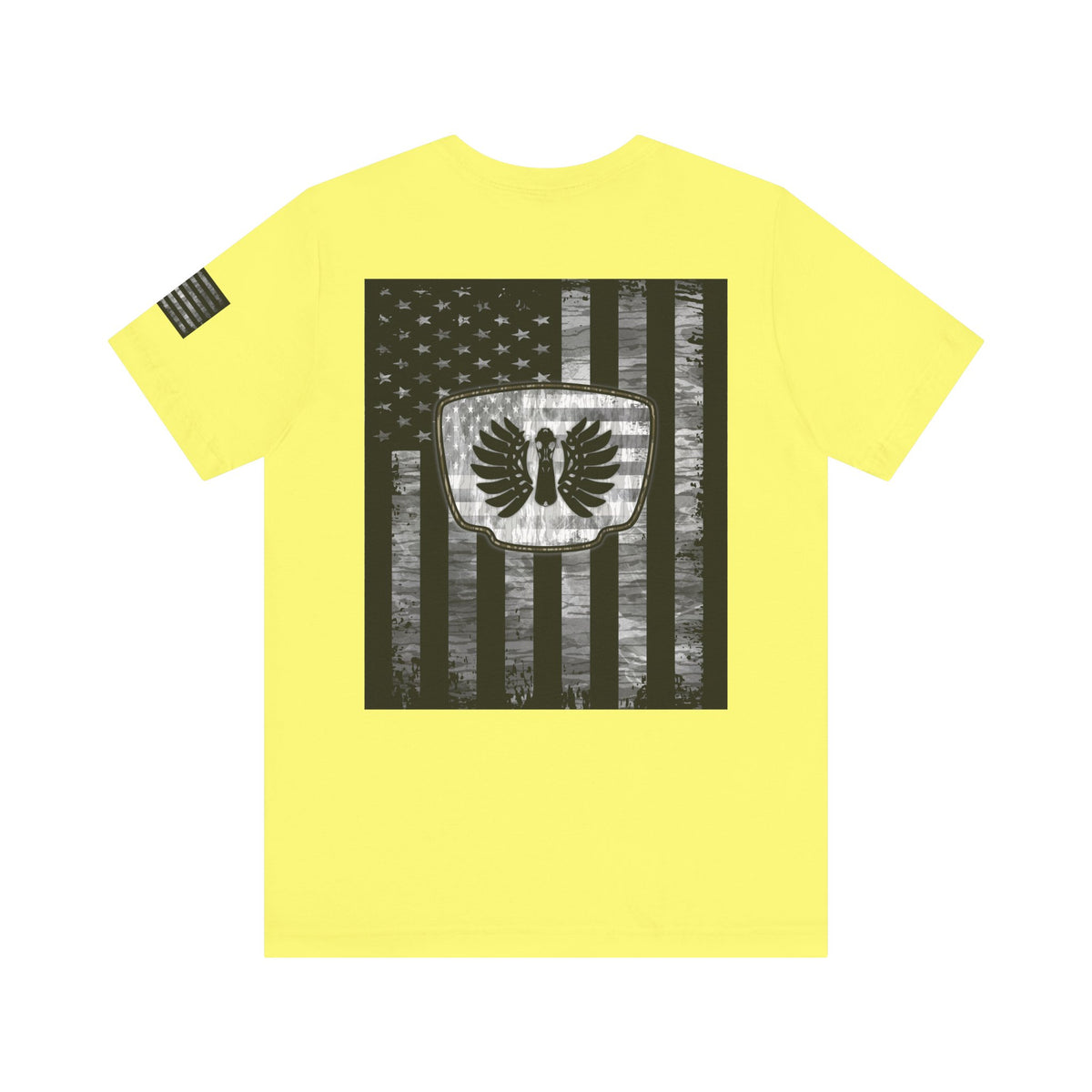Duck Hunting American Flag Badge T-Shirt – Mossy Camo Print, Crossed Guns & Duck Skull Graphic
