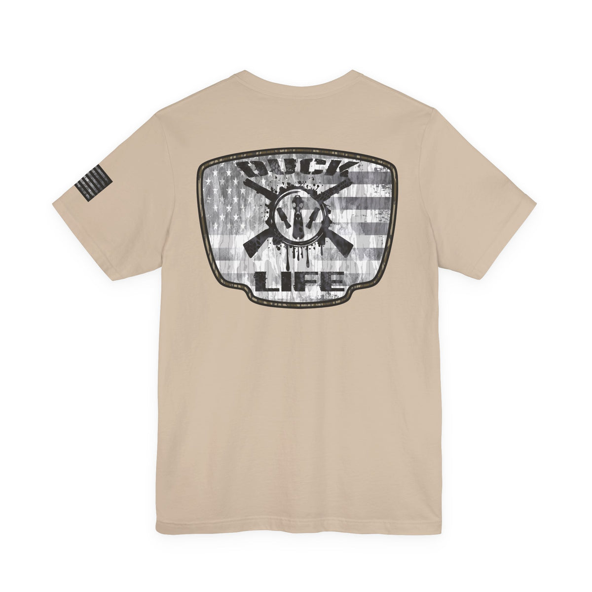 White American Flag Duck Hunting Badge T-Shirt – Mossy Camo Print, Crossed Guns & Duck Skull Graphic