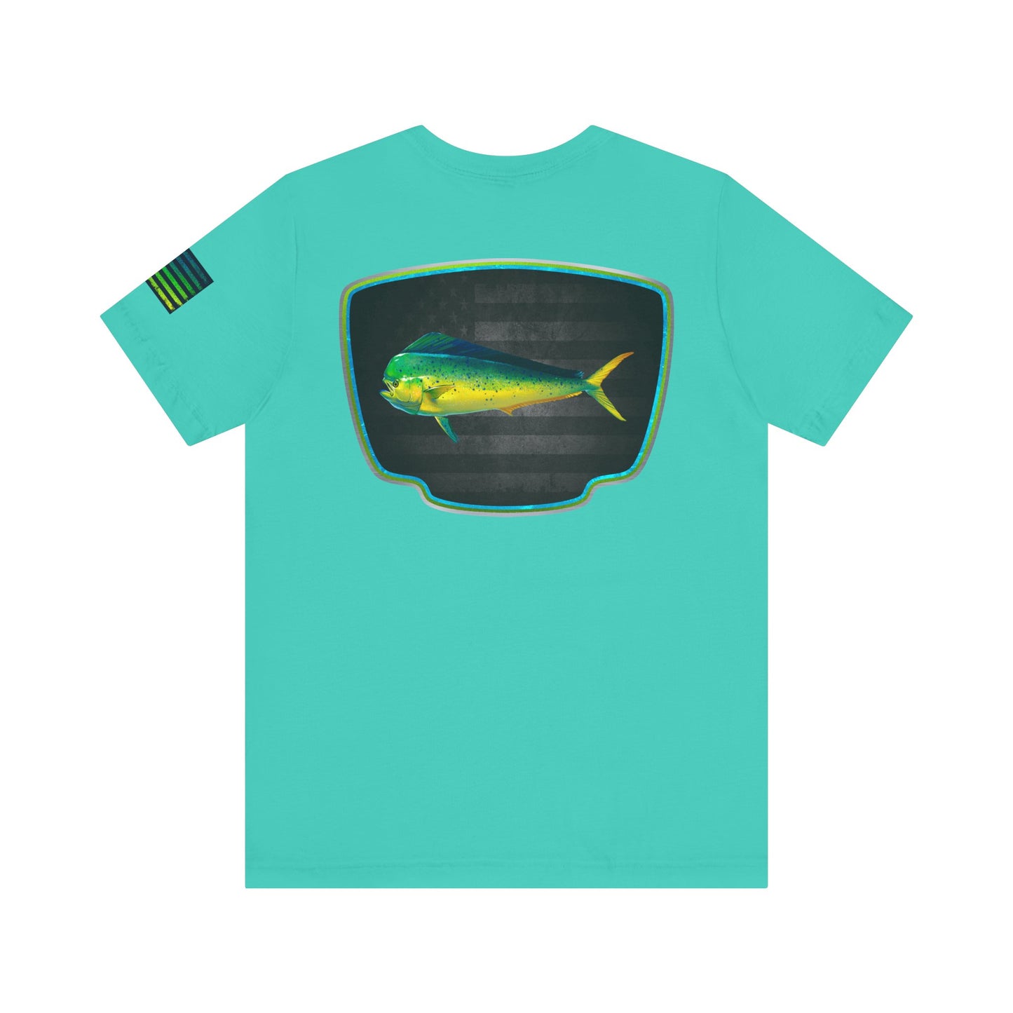 Mahi Mahi Badge Tee with Blackout Flag – Patriotic Saltwater Fishing Shirt
